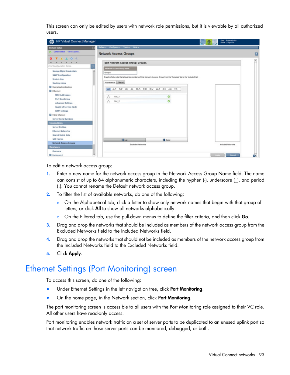 Ethernet settings (port monitoring) screen | HP Virtual Connect 8Gb 20-port Fibre Channel Module for c-Class BladeSystem User Manual | Page 93 / 317