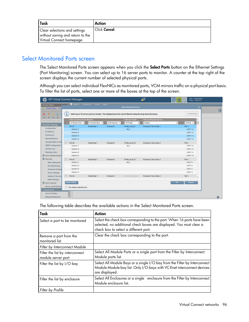 Select monitored ports screen | HP Virtual Connect 8Gb 20-port Fibre Channel Module for c-Class BladeSystem User Manual | Page 96 / 317