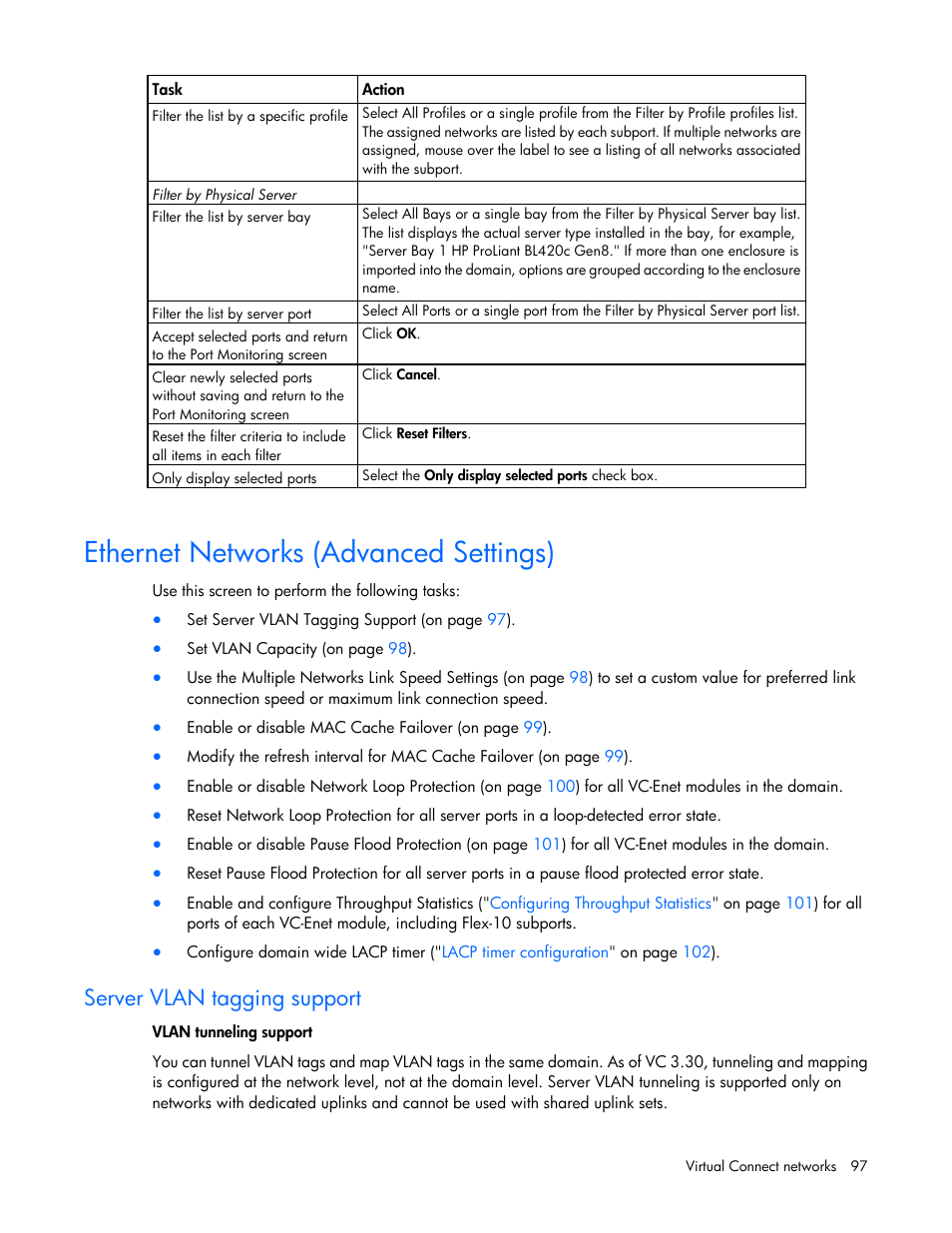 Ethernet networks (advanced settings), Server vlan tagging support, Ethernet networks (advanced | Settings) | HP Virtual Connect 8Gb 20-port Fibre Channel Module for c-Class BladeSystem User Manual | Page 97 / 317