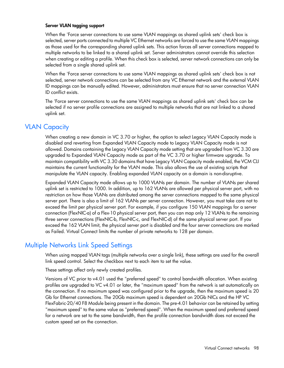 Vlan capacity, Multiple networks link speed settings | HP Virtual Connect 8Gb 20-port Fibre Channel Module for c-Class BladeSystem User Manual | Page 98 / 317