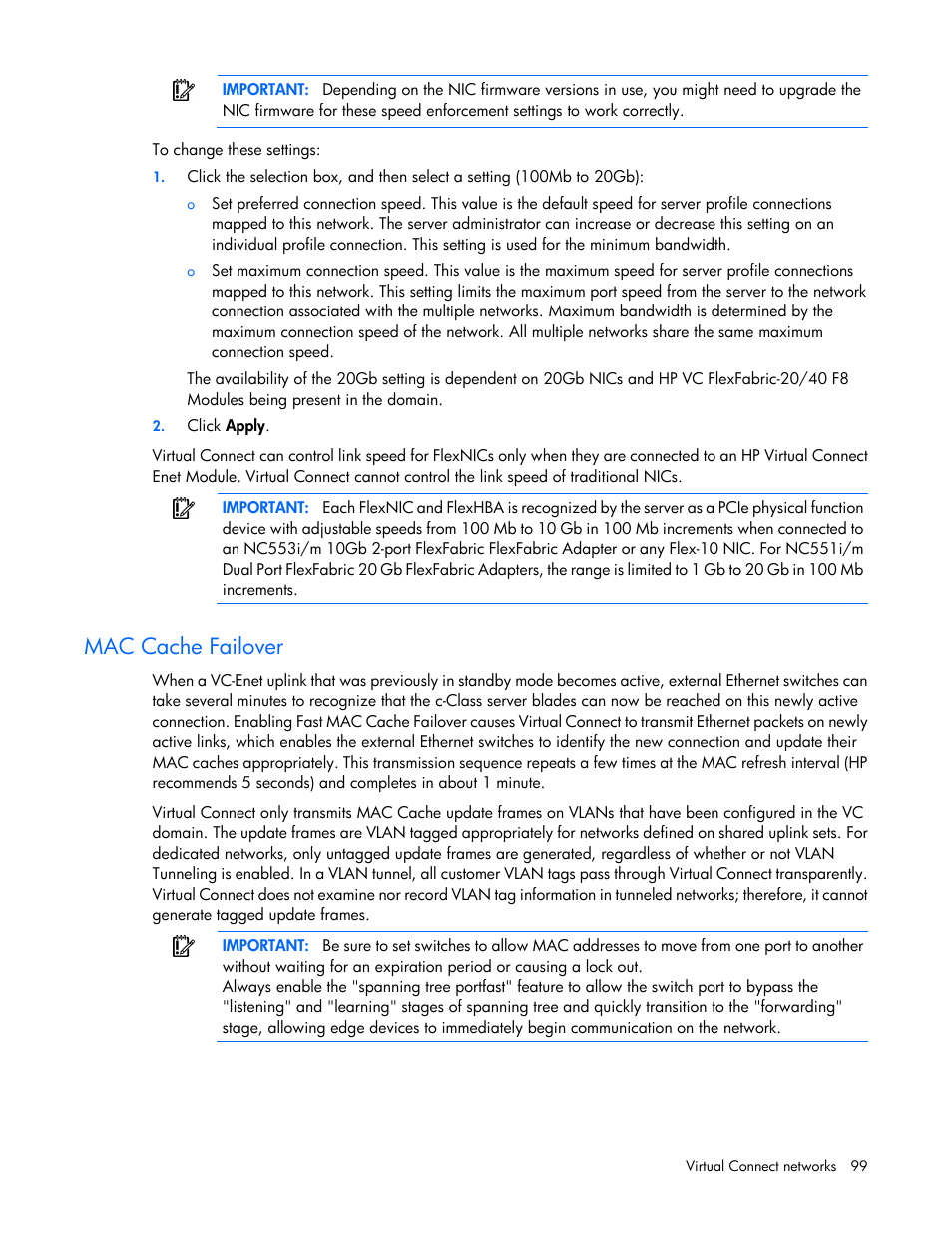 Mac cache failover | HP Virtual Connect 8Gb 20-port Fibre Channel Module for c-Class BladeSystem User Manual | Page 99 / 317