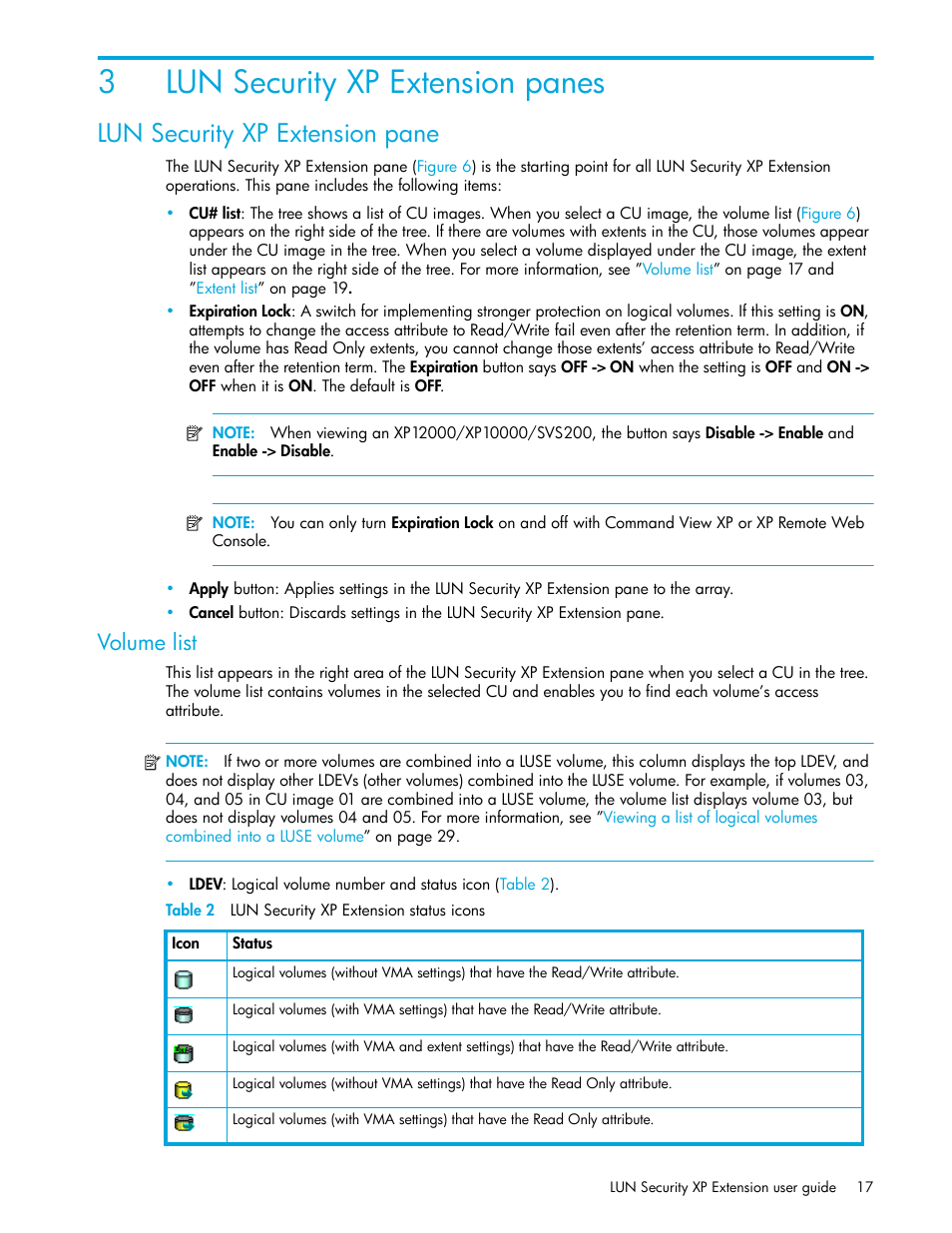 Lun security xp extension panes, Lun security xp extension pane, Volume list | Table 2 lun security xp extension status icons, 3 lun security xp extension panes, 2 lun security xp extension status icons, 3lun security xp extension panes | HP StorageWorks XP Remote Web Console Software User Manual | Page 17 / 34