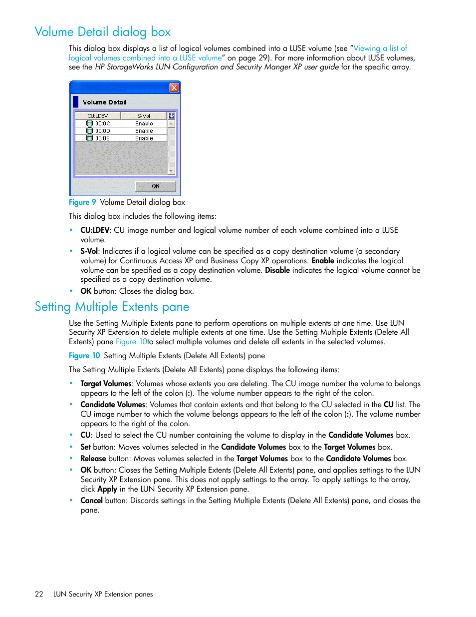 Volume detail dialog box, Figure 9 volume detail dialog box, Setting multiple extents pane | 9 volume detail dialog box | HP StorageWorks XP Remote Web Console Software User Manual | Page 22 / 34