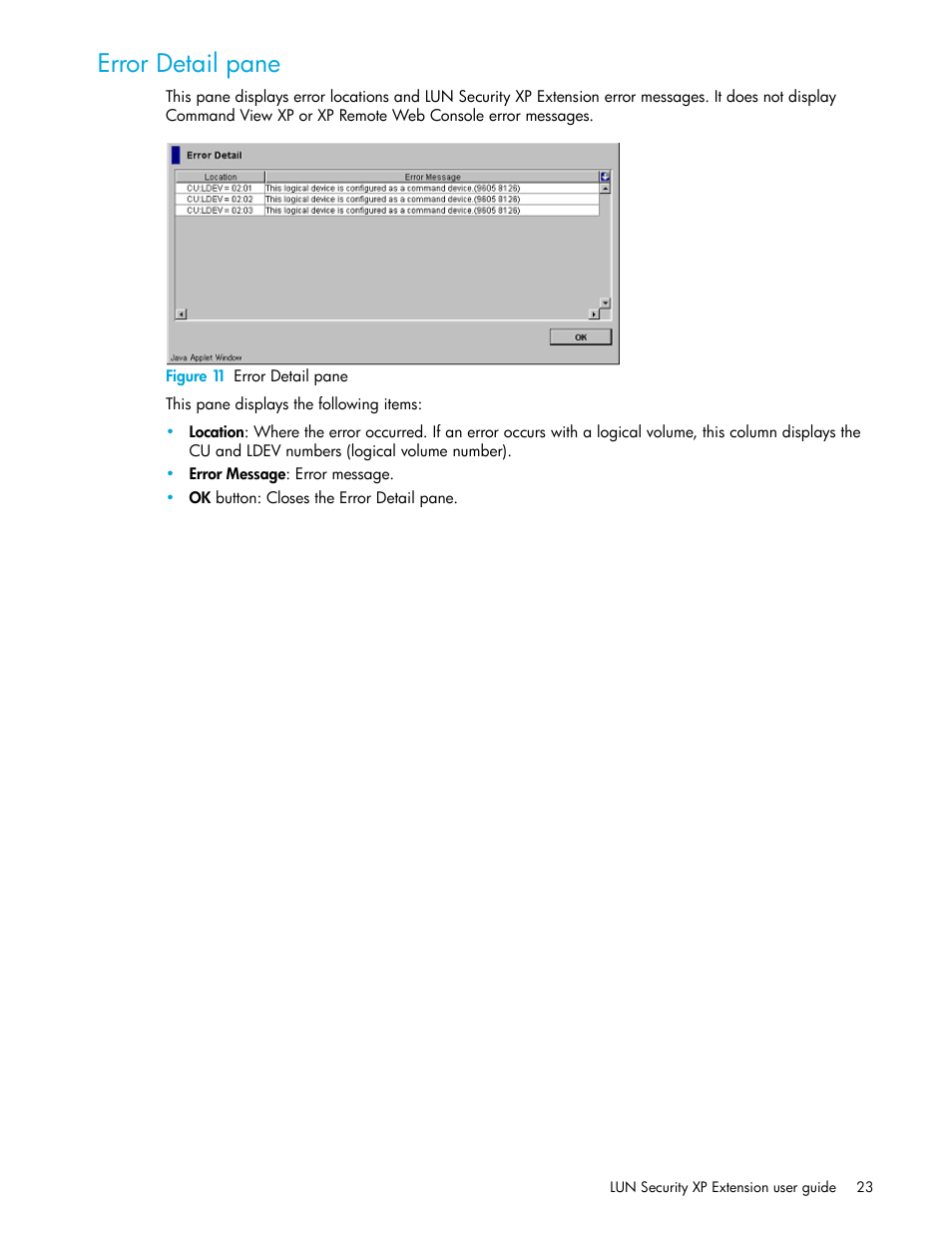 Error detail pane, Figure 11 error detail pane, 11 error detail pane | HP StorageWorks XP Remote Web Console Software User Manual | Page 23 / 34