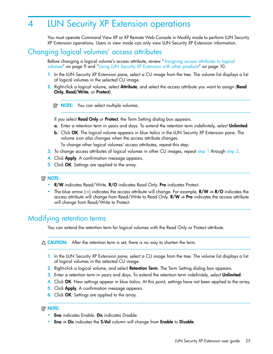 Lun security xp extension operations, Changing logical volumes’ access attributes, Modifying retention terms | 4 lun security xp extension operations, 4lun security xp extension operations | HP StorageWorks XP Remote Web Console Software User Manual | Page 25 / 34