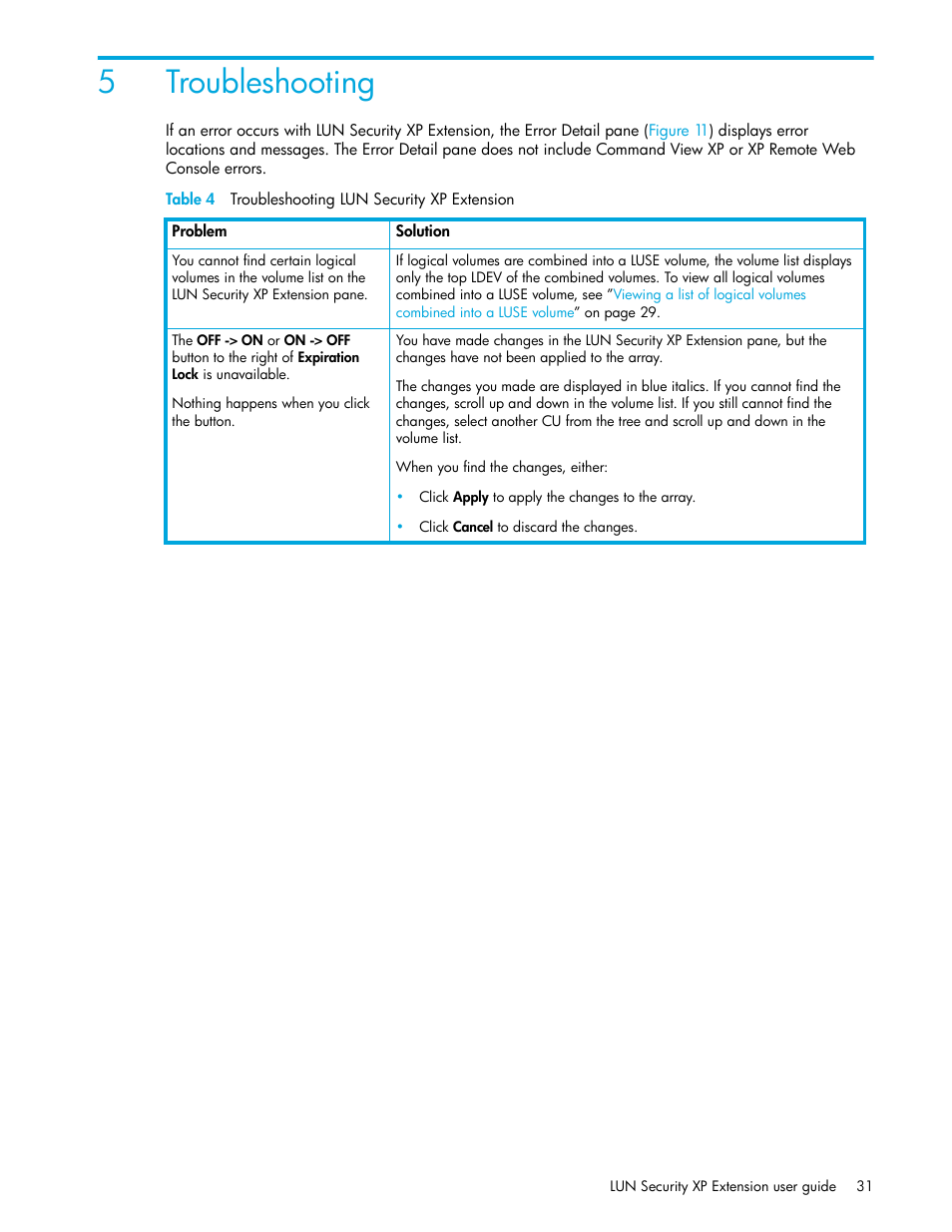 Troubleshooting, Table 4 troubleshooting lun security xp extension, 5 troubleshooting | 4 troubleshooting lun security xp extension, 5troubleshooting | HP StorageWorks XP Remote Web Console Software User Manual | Page 31 / 34