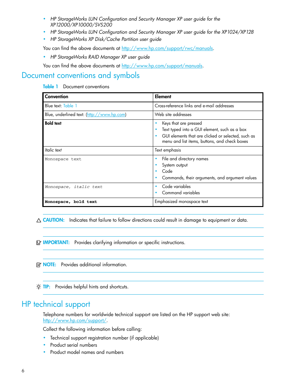 Document conventions and symbols, Table 1 document conventions, Hp technical support | 1 document conventions | HP StorageWorks XP Remote Web Console Software User Manual | Page 6 / 34