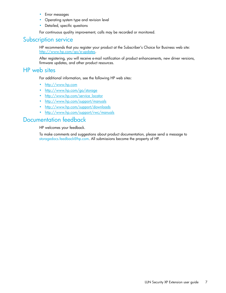 Subscription service, Hp web sites, Documentation feedback | HP StorageWorks XP Remote Web Console Software User Manual | Page 7 / 34