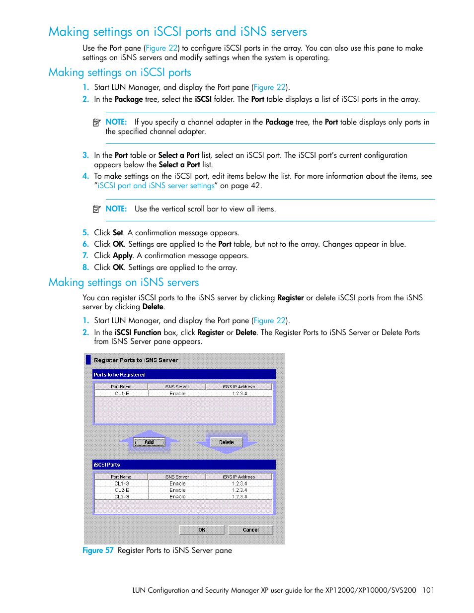 Making settings on iscsi ports and isns servers, Making settings on iscsi ports, Making settings on isns servers | Figure 57 register ports to isns server pane, 57 register ports to isns server pane | HP StorageWorks XP Remote Web Console Software User Manual | Page 101 / 198