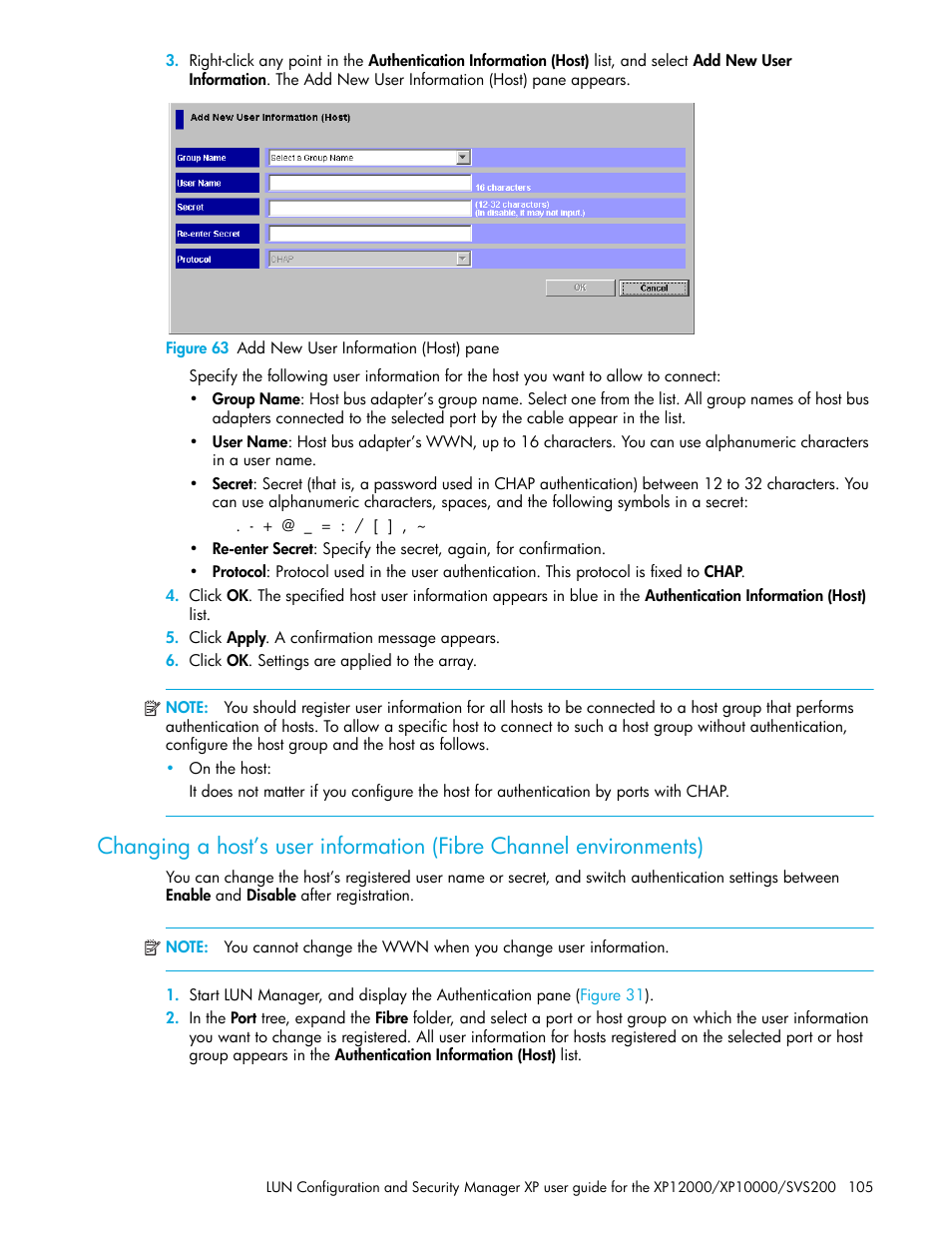 Figure 63 add new user information (host) pane, 63 add new user information (host) pane | HP StorageWorks XP Remote Web Console Software User Manual | Page 105 / 198