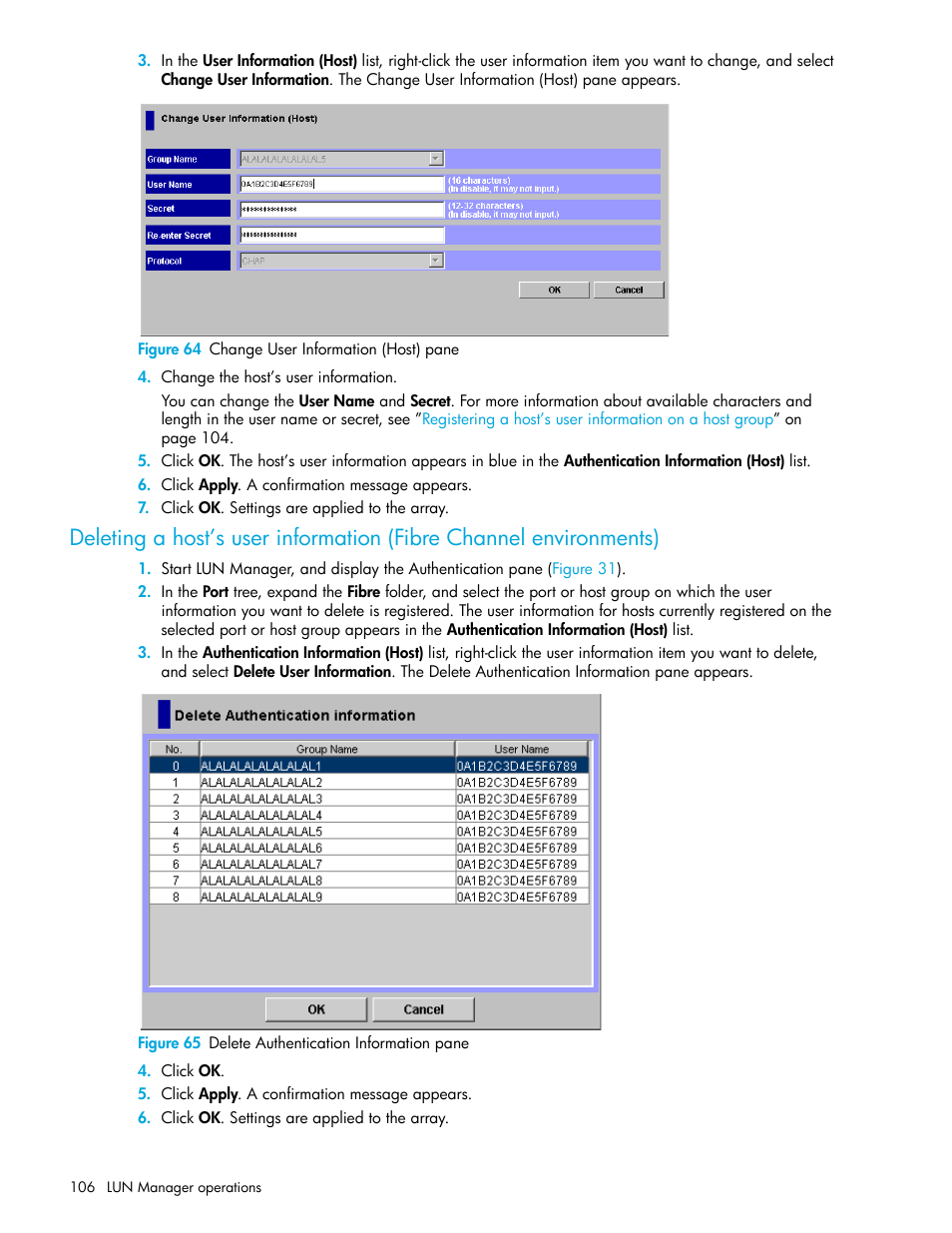 Figure 64 change user information (host) pane, Figure 65 delete authentication information pane, 64 change user information (host) pane | 65 delete authentication information pane | HP StorageWorks XP Remote Web Console Software User Manual | Page 106 / 198