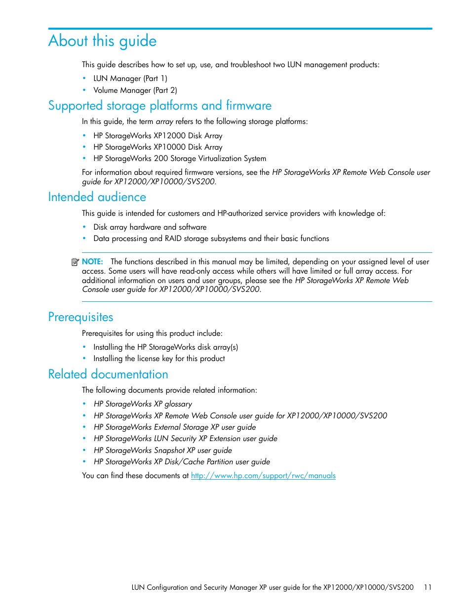 About this guide, Supported storage platforms and firmware, Intended audience | Prerequisites, Related documentation | HP StorageWorks XP Remote Web Console Software User Manual | Page 11 / 198