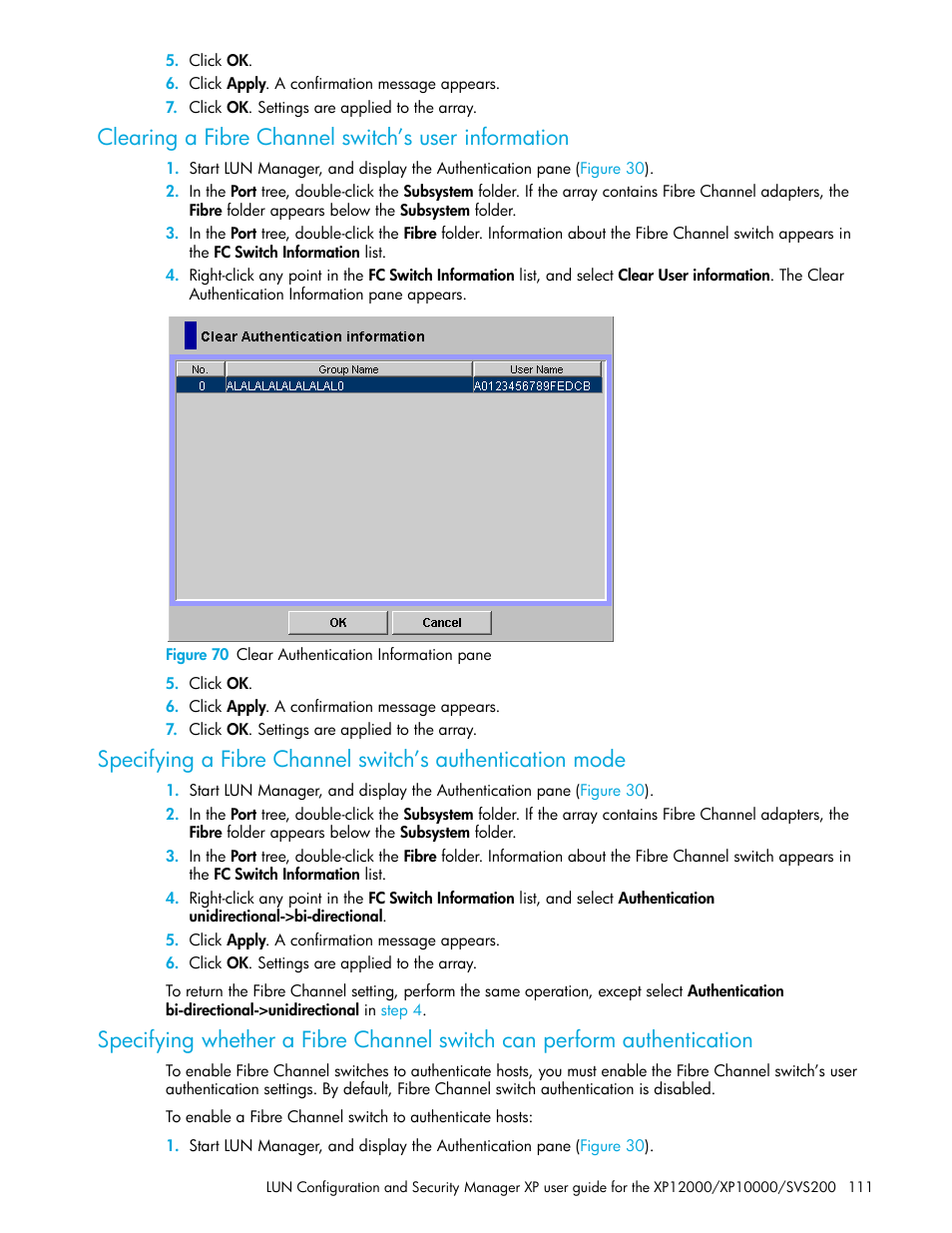 Clearing a fibre channel switch’s user information, Figure 70 clear authentication information pane, 70 clear authentication information pane | HP StorageWorks XP Remote Web Console Software User Manual | Page 111 / 198