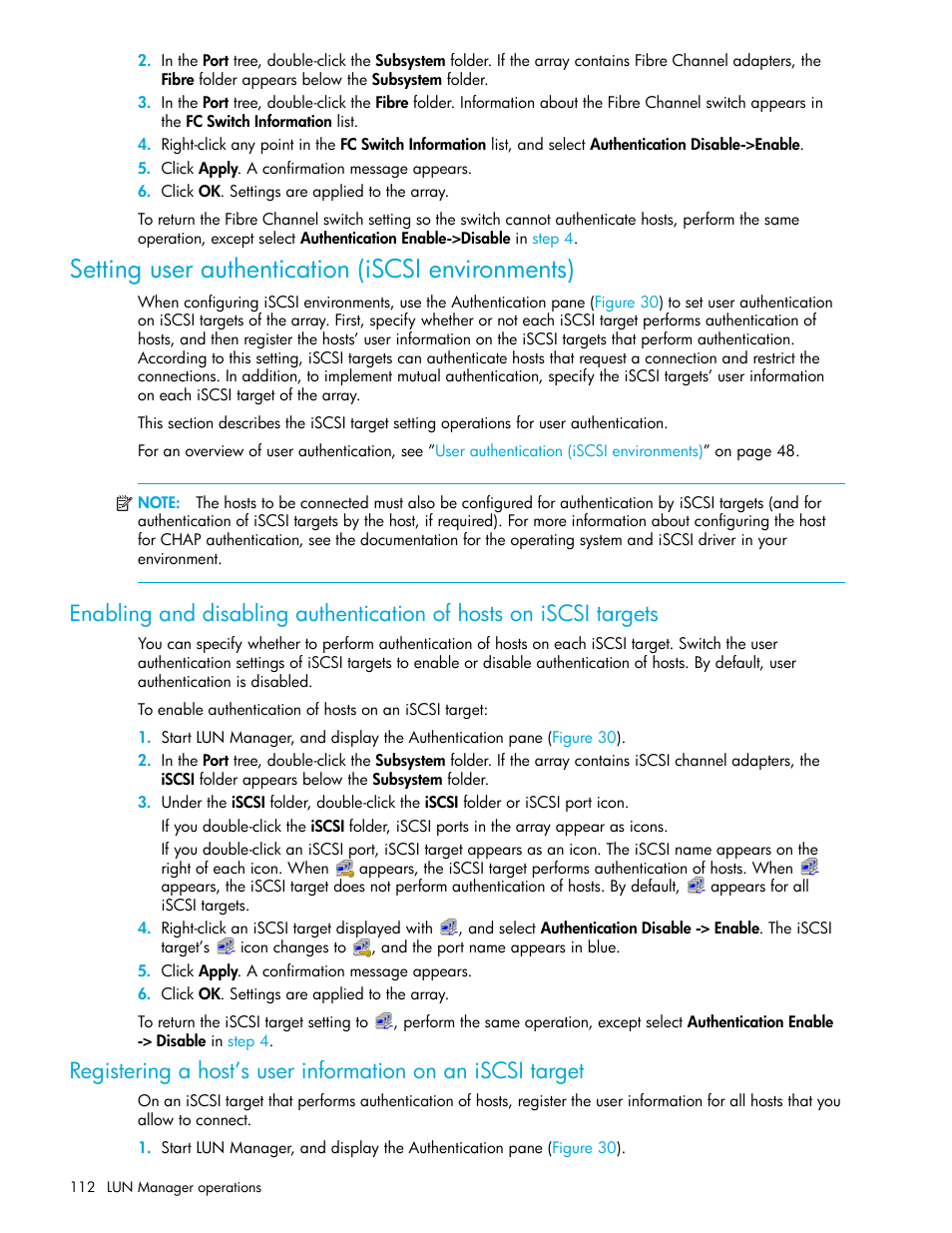 Setting user authentication (iscsi environments), Enabling and disabling, Authentication of hosts on iscsi targets | Registering a host’s user information, On an iscsi target | HP StorageWorks XP Remote Web Console Software User Manual | Page 112 / 198