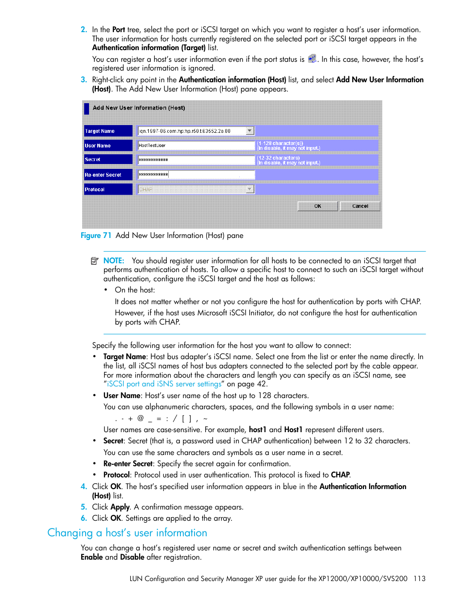 Figure 71 add new user information (host) pane, Changing a host’s user information, 71 add new user information (host) pane | HP StorageWorks XP Remote Web Console Software User Manual | Page 113 / 198