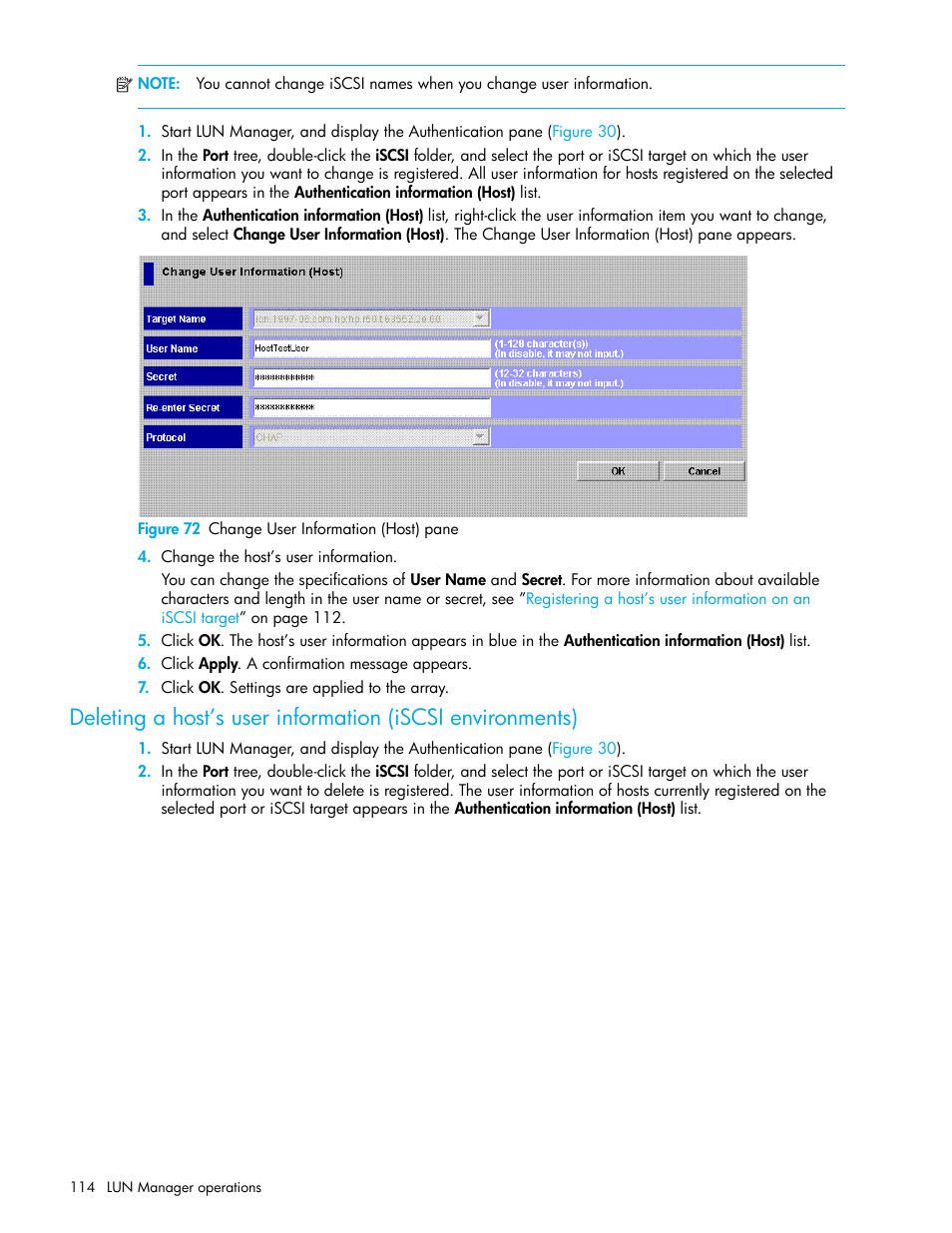 Figure 72 change user information (host) pane, 72 change user information (host) pane | HP StorageWorks XP Remote Web Console Software User Manual | Page 114 / 198