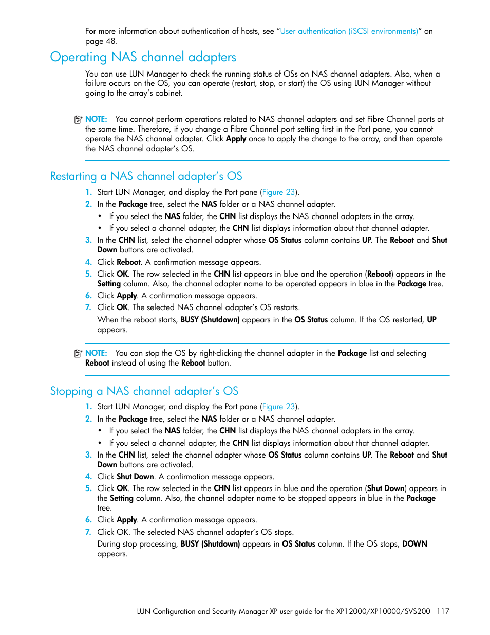 Operating nas channel adapters, Restarting a nas channel adapter’s os, Stopping a nas channel adapter’s os | HP StorageWorks XP Remote Web Console Software User Manual | Page 117 / 198