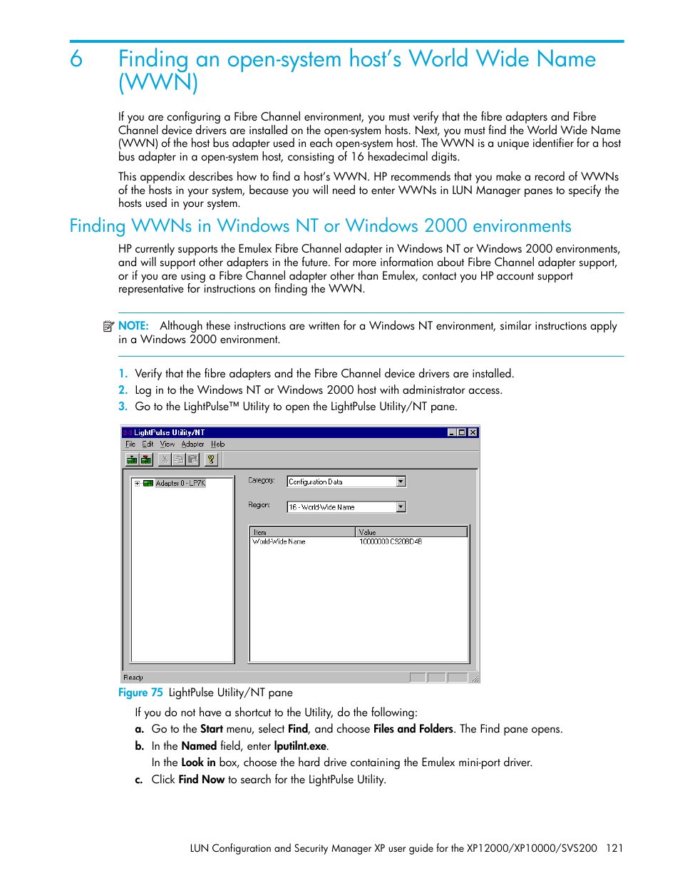 Figure 75 lightpulse utility/nt pane, 75 lightpulse utility/nt pane | HP StorageWorks XP Remote Web Console Software User Manual | Page 121 / 198