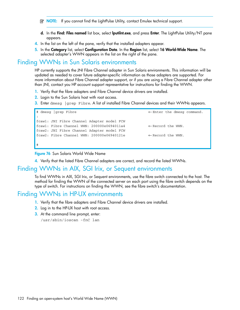 Finding wwns in sun solaris environments, Figure 76 sun solaris world wide name, Finding wwns in hp-ux environments | 76 sun solaris world wide name | HP StorageWorks XP Remote Web Console Software User Manual | Page 122 / 198