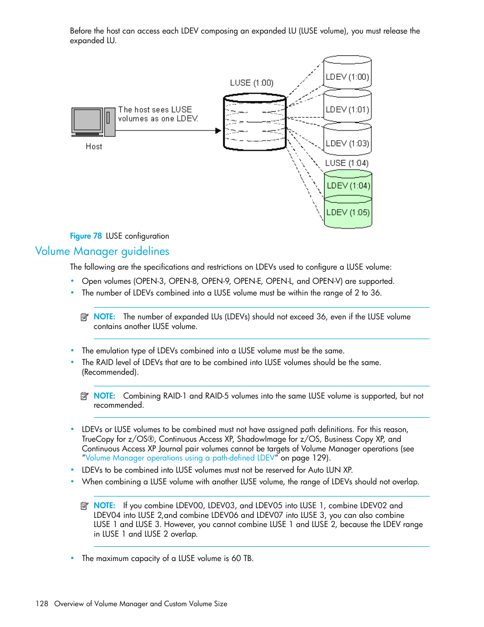 Figure 78 luse configuration, Volume manager guidelines, 78 luse configuration | Figure 78, Volume manager, Guidelines | HP StorageWorks XP Remote Web Console Software User Manual | Page 128 / 198