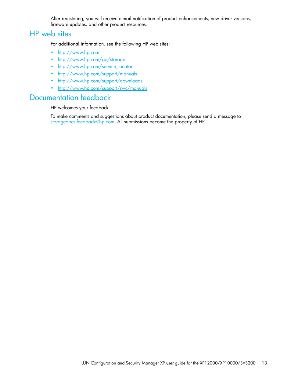 Hp web sites, Documentation feedback | HP StorageWorks XP Remote Web Console Software User Manual | Page 13 / 198