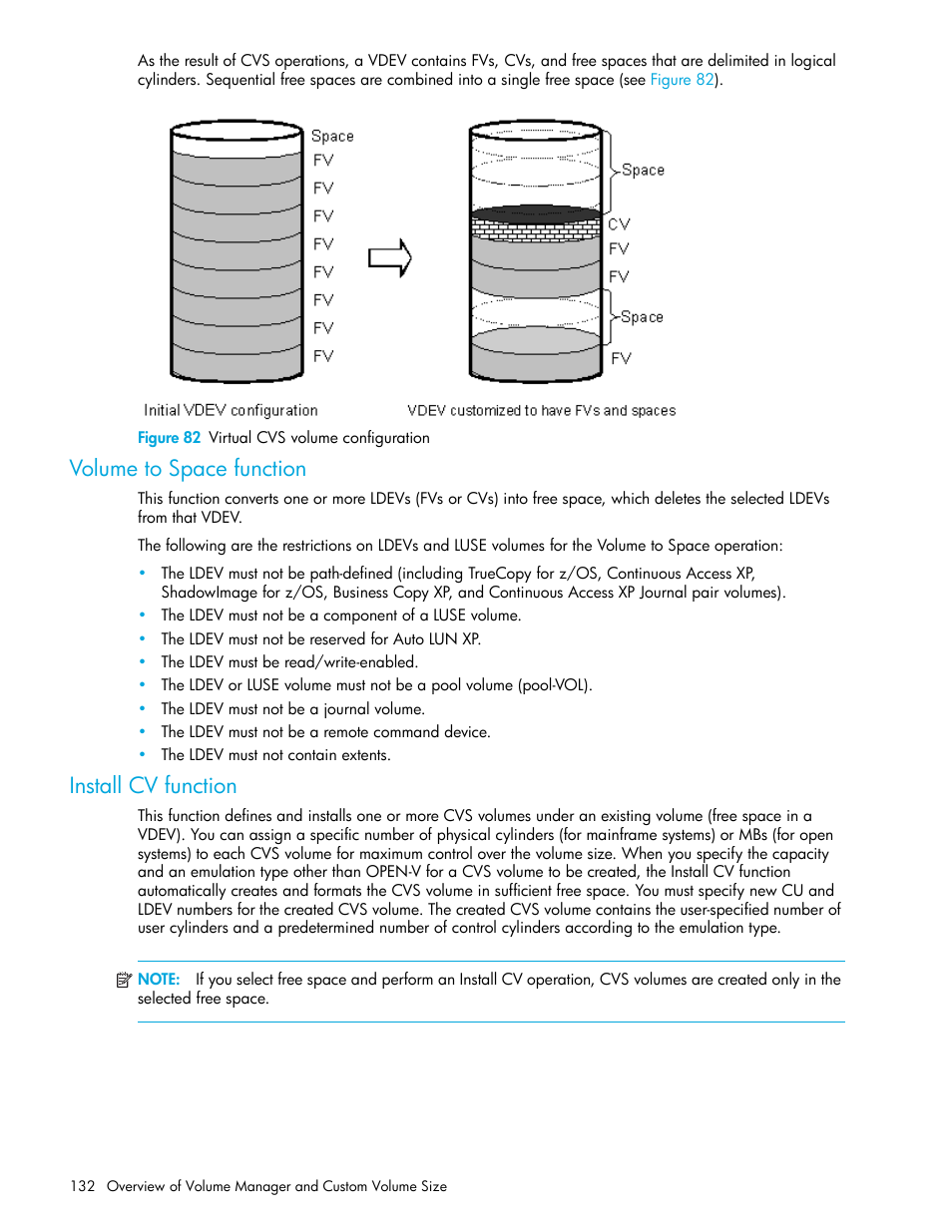 Figure 82 virtual cvs volume configuration, Volume to space function, Install cv function | 82 virtual cvs volume configuration | HP StorageWorks XP Remote Web Console Software User Manual | Page 132 / 198