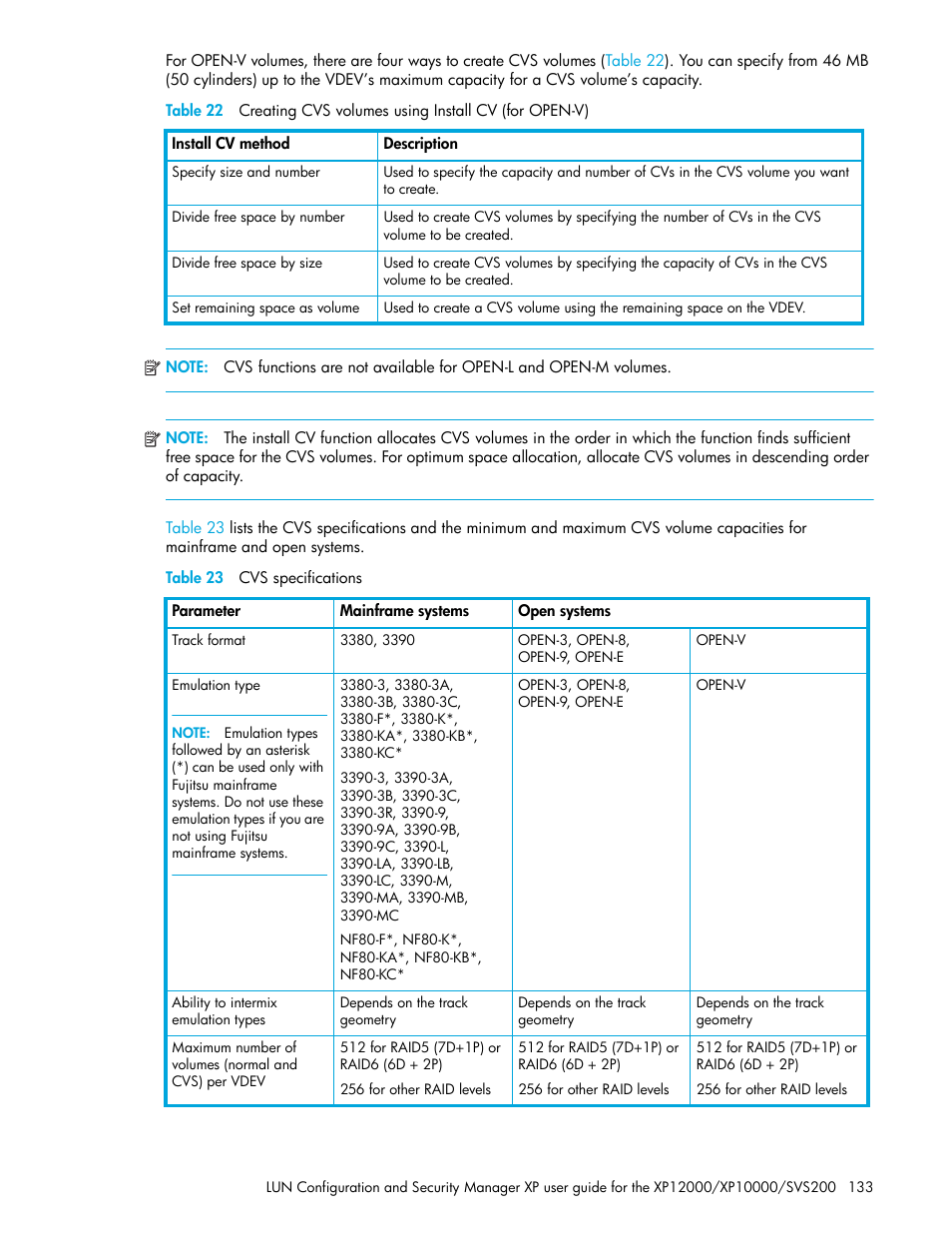 Table 23 cvs specifications, 23 cvs specifications | HP StorageWorks XP Remote Web Console Software User Manual | Page 133 / 198