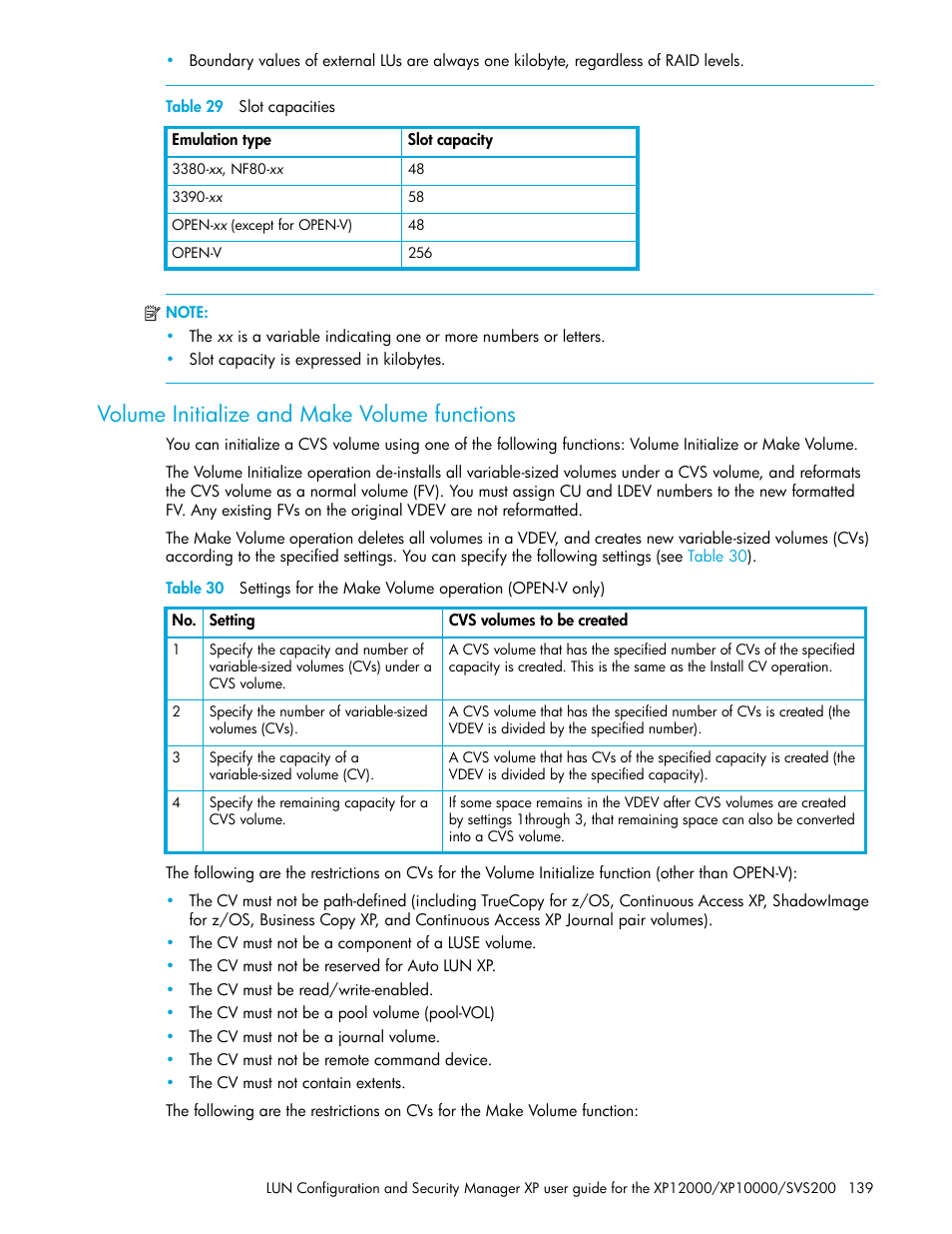 Table 29 slot capacities, Volume initialize and make volume functions, 29 slot capacities | Table 29 | HP StorageWorks XP Remote Web Console Software User Manual | Page 139 / 198