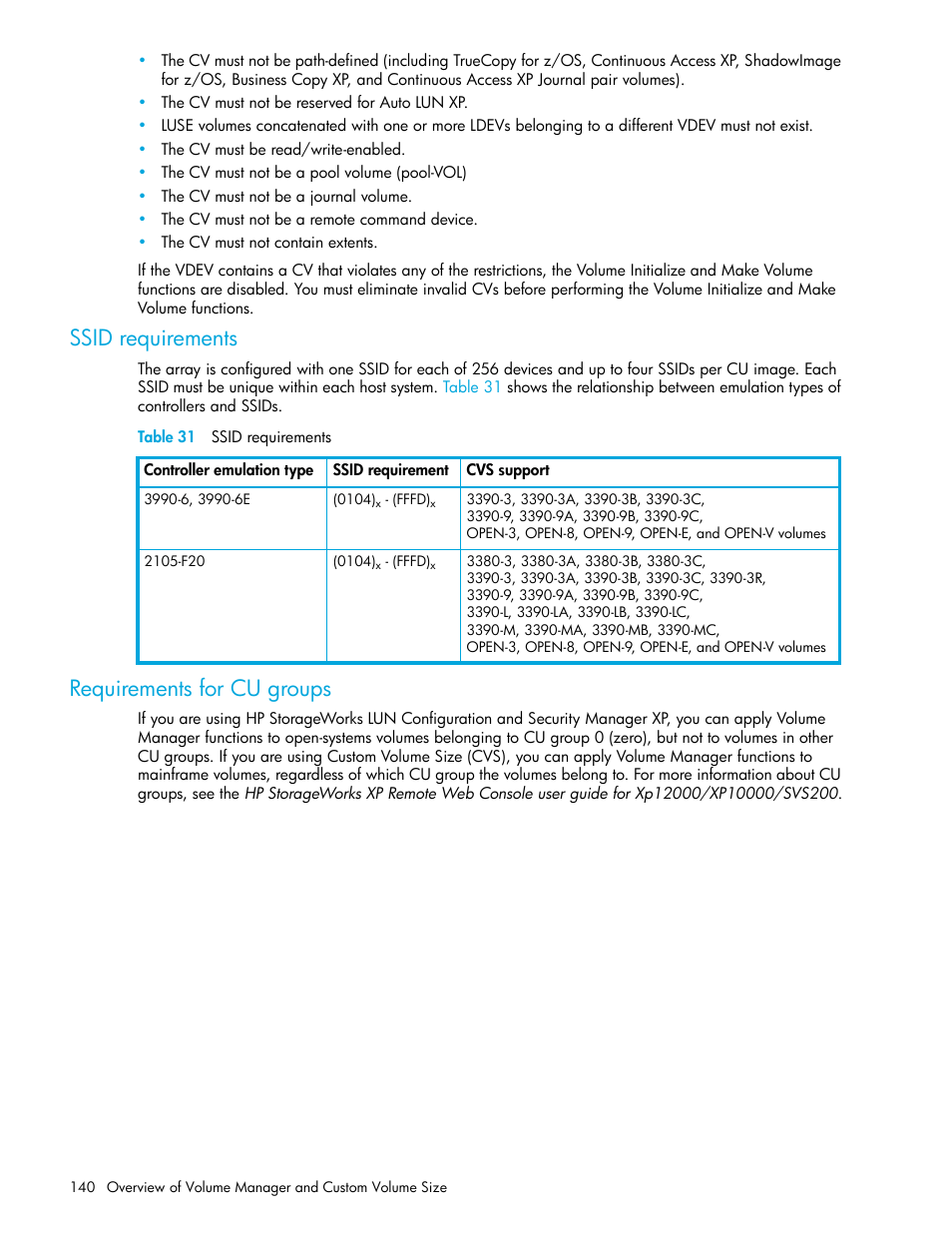 Ssid requirements, Table 31 ssid requirements, Requirements for cu groups | 31 ssid requirements | HP StorageWorks XP Remote Web Console Software User Manual | Page 140 / 198