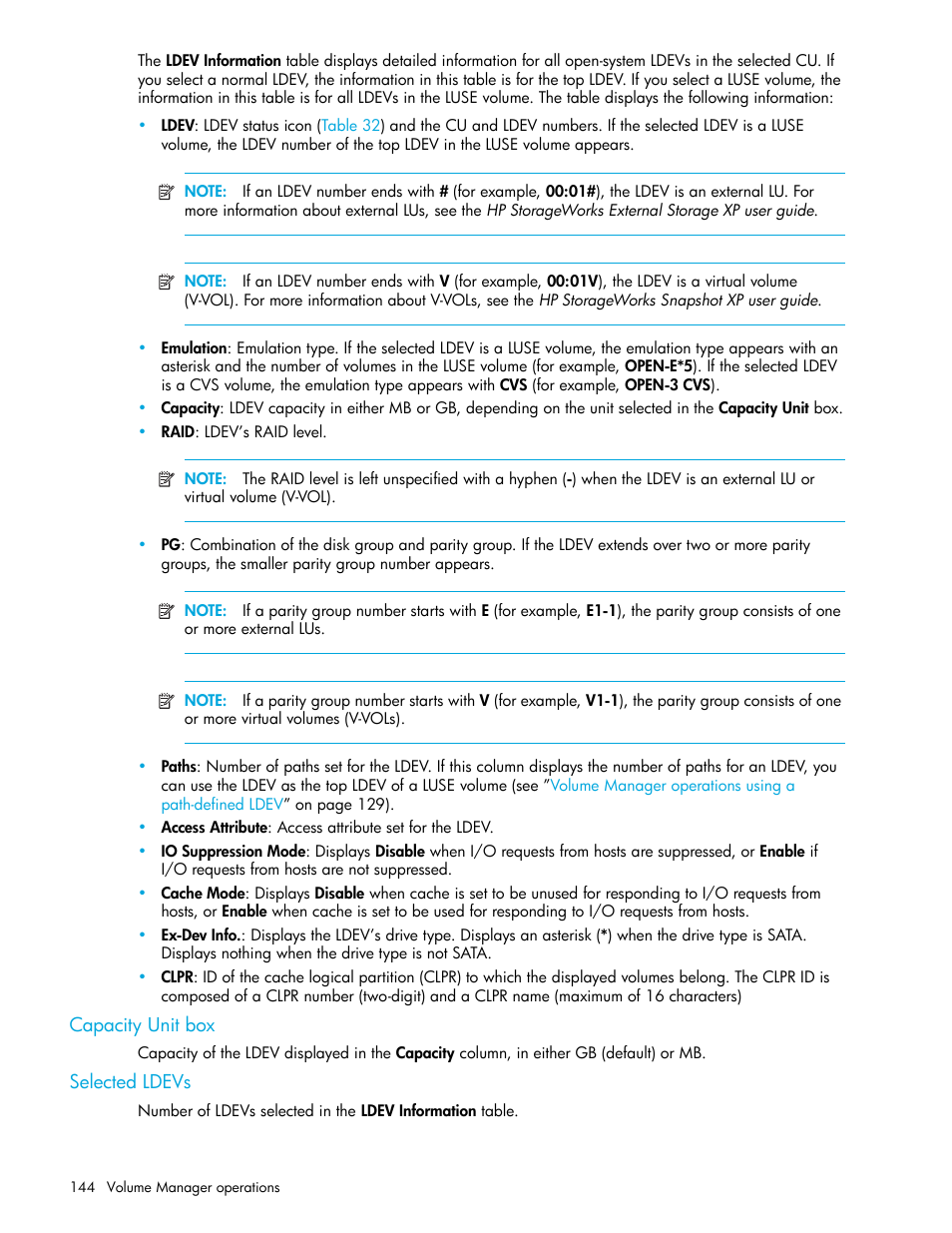 Capacity unit box, Selected ldevs | HP StorageWorks XP Remote Web Console Software User Manual | Page 144 / 198