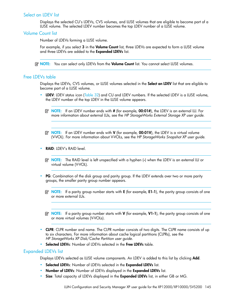 Select an ldev list, Volume count list, Free ldevs table | Expanded ldevs list | HP StorageWorks XP Remote Web Console Software User Manual | Page 145 / 198