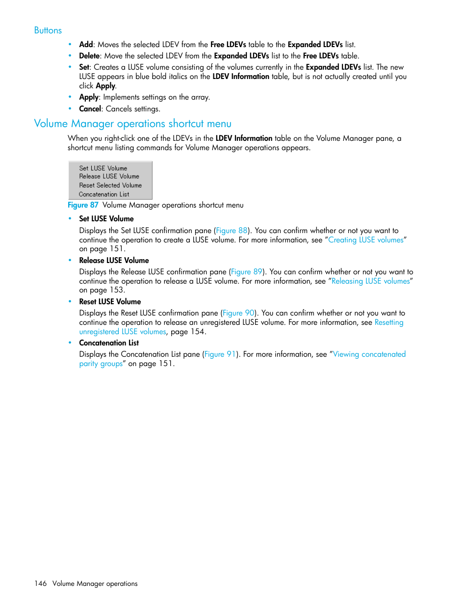 Buttons, Volume manager operations shortcut menu, Figure 87 volume manager operations shortcut menu | 87 volume manager operations shortcut menu | HP StorageWorks XP Remote Web Console Software User Manual | Page 146 / 198