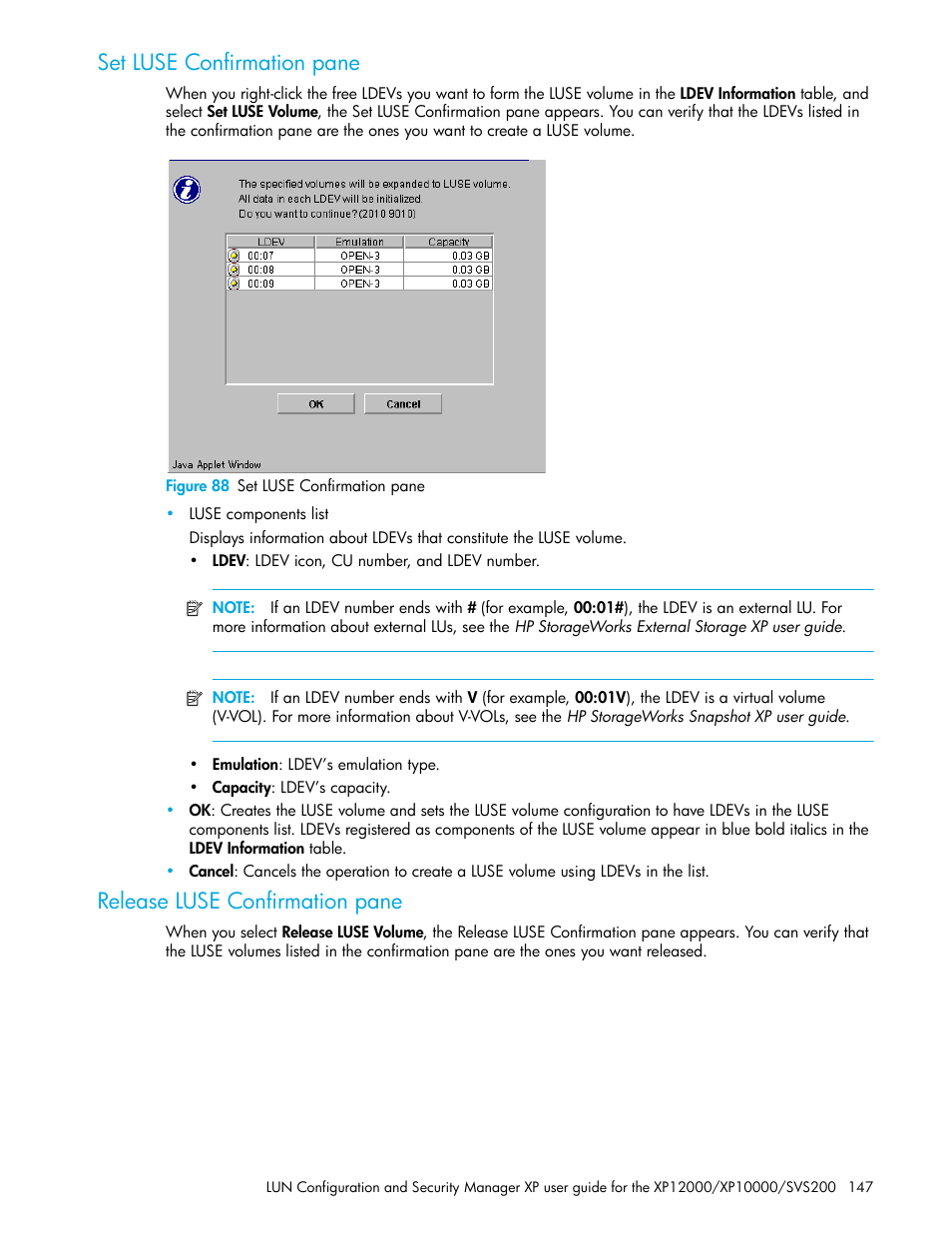 Set luse confirmation pane, Figure 88 set luse confirmation pane, Release luse confirmation pane | 88 set luse confirmation pane, Figure 88 | HP StorageWorks XP Remote Web Console Software User Manual | Page 147 / 198
