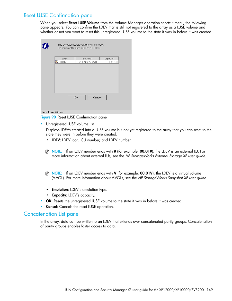 Reset luse confirmation pane, Figure 90 reset luse confirmation pane, Concatenation list pane | 90 reset luse confirmation pane, Figure 90 | HP StorageWorks XP Remote Web Console Software User Manual | Page 149 / 198