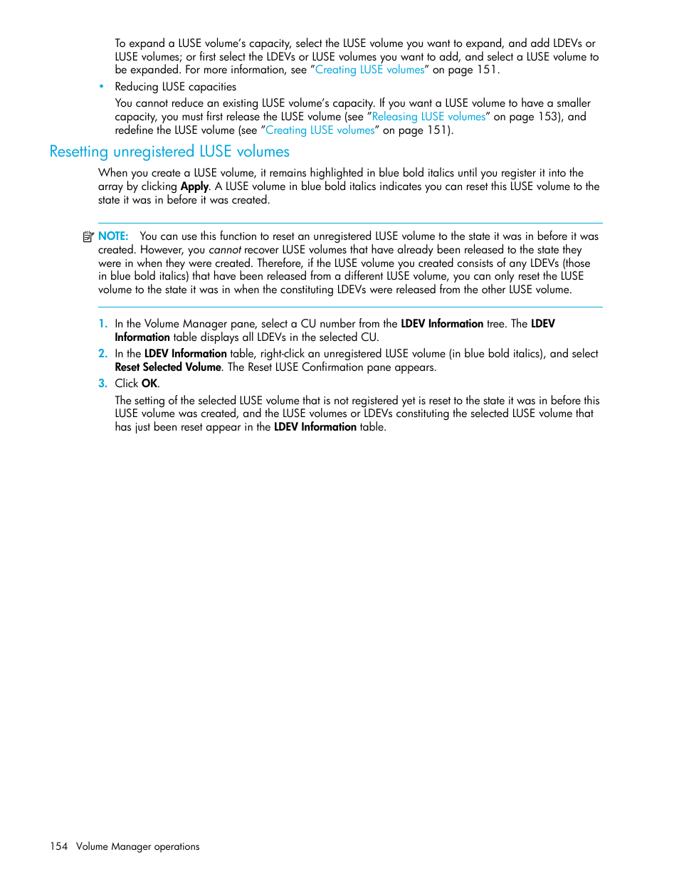 Resetting unregistered luse volumes, Resetting, Unregistered luse volumes | Resetting unregistered, Luse volumes | HP StorageWorks XP Remote Web Console Software User Manual | Page 154 / 198