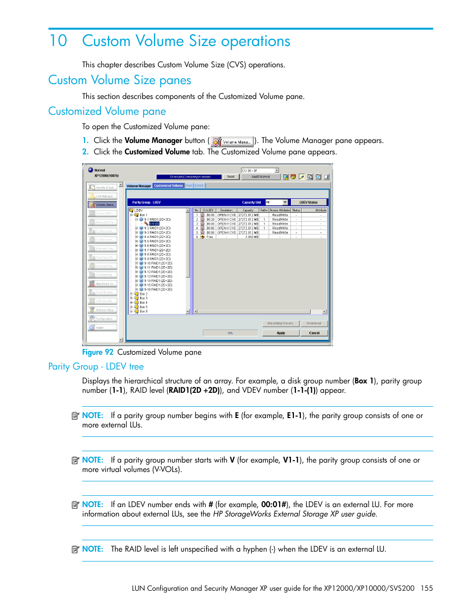 10 custom volume size operations, Custom volume size panes, Customized volume pane | Figure 92 customized volume pane, Parity group - ldev tree, 10custom volume size operations, 92 customized volume pane | HP StorageWorks XP Remote Web Console Software User Manual | Page 155 / 198