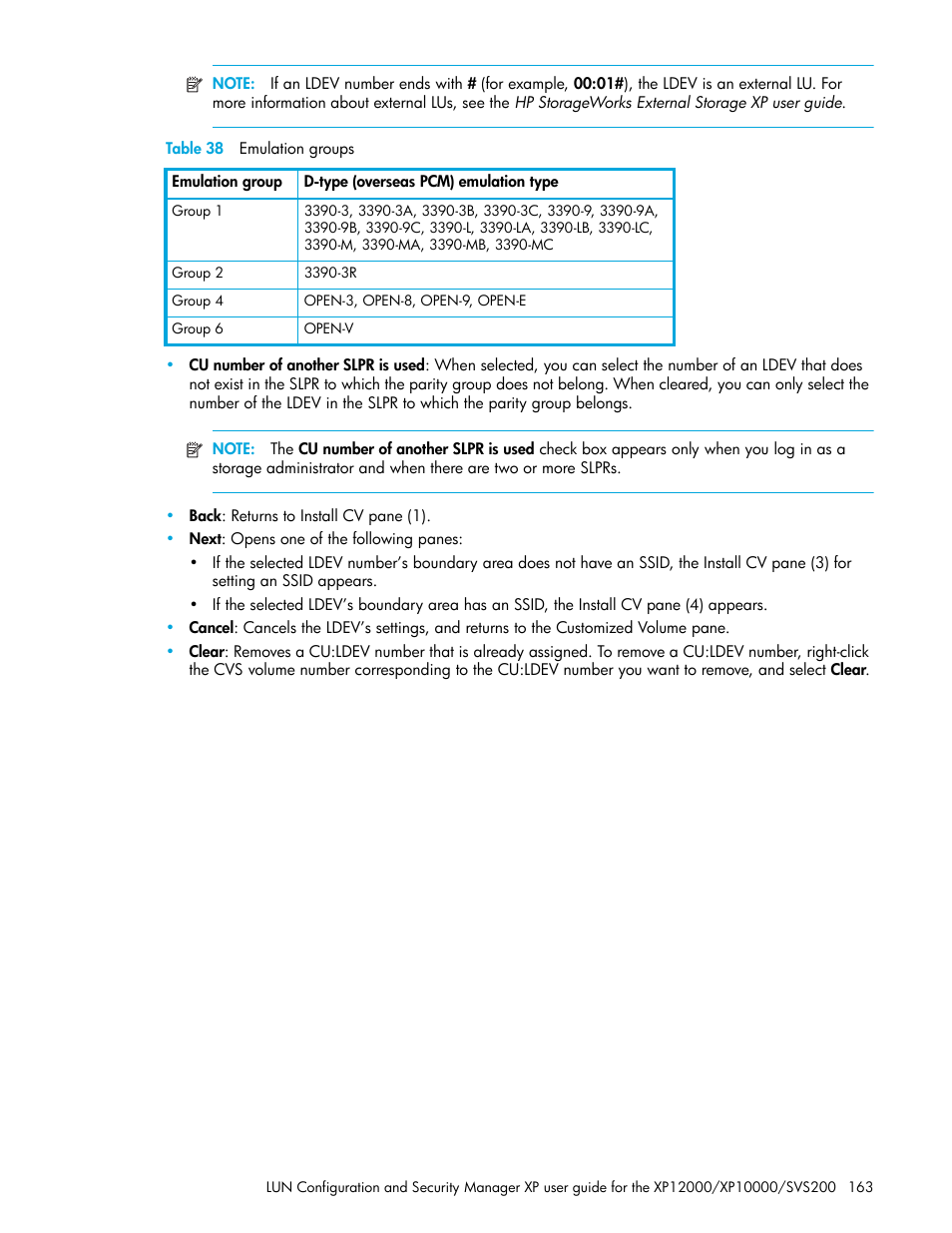 Table 38 emulation groups, 38 emulation groups | HP StorageWorks XP Remote Web Console Software User Manual | Page 163 / 198