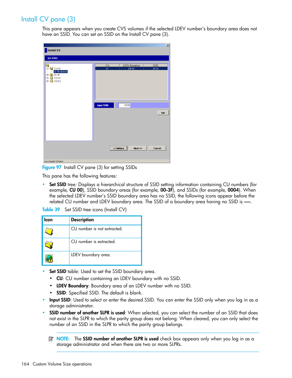 Install cv pane (3), Figure 97 install cv pane (3) for setting ssids, Table 39 set ssid tree icons (install cv) | 97 install cv pane (3) for setting ssids, 39 set ssid tree icons (install cv) | HP StorageWorks XP Remote Web Console Software User Manual | Page 164 / 198