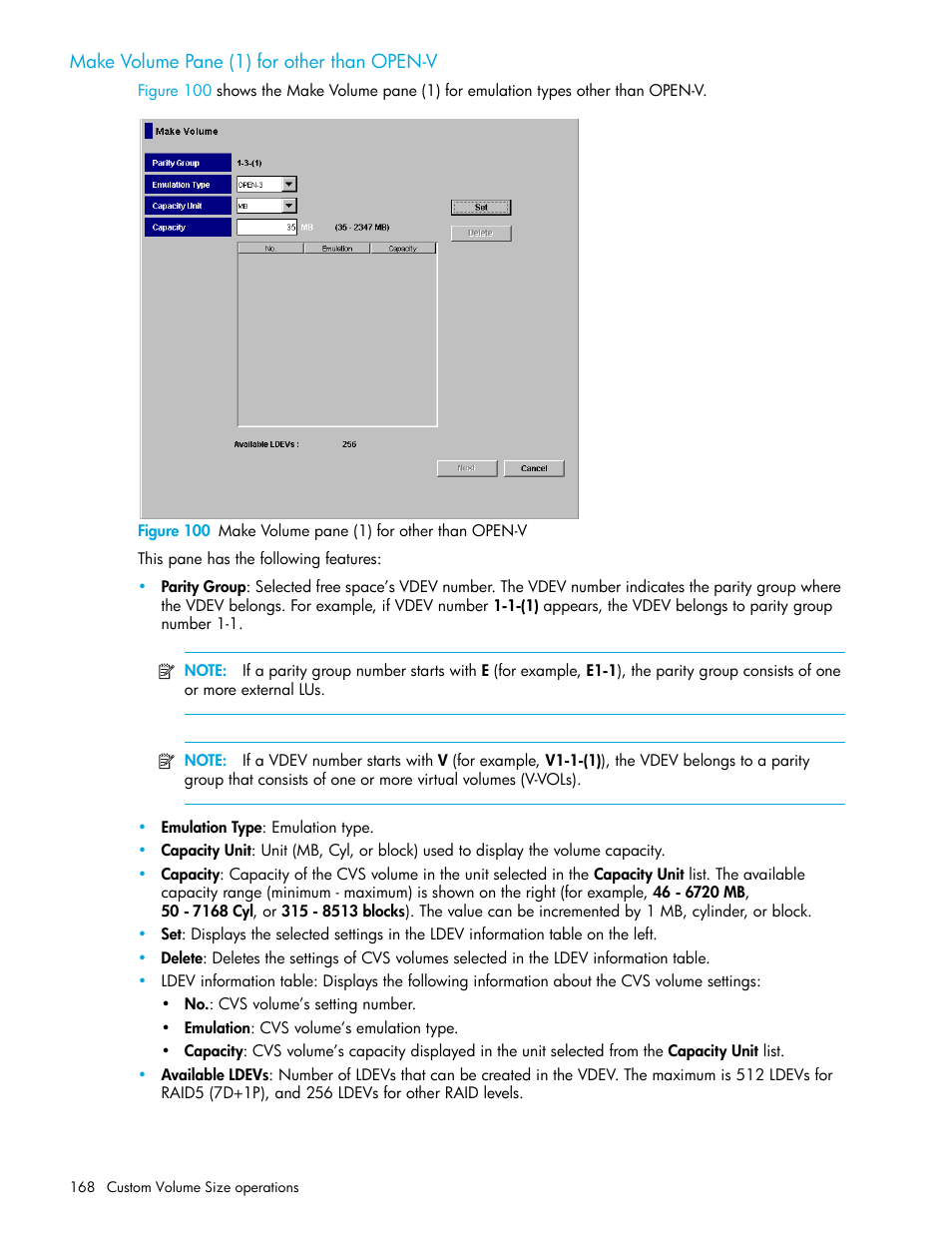 Make volume pane (1) for other than open-v, 100 make volume pane (1) for other than open-v | HP StorageWorks XP Remote Web Console Software User Manual | Page 168 / 198