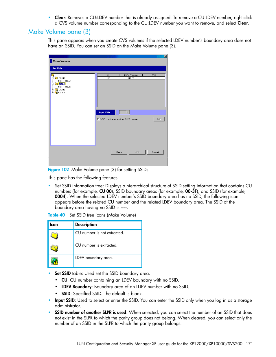 Make volume pane (3), Figure 102 make volume pane (3) for setting ssids, Table 40 set ssid tree icons (make volume) | 102 make volume pane (3) for setting ssids, 40 set ssid tree icons (make volume) | HP StorageWorks XP Remote Web Console Software User Manual | Page 171 / 198