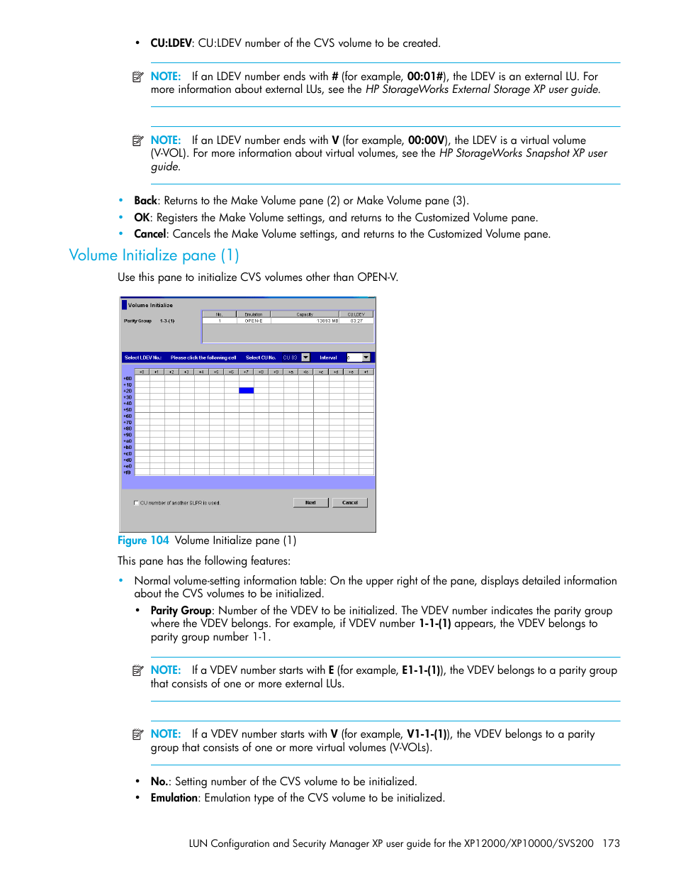 Volume initialize pane (1), Figure 104 volume initialize pane (1), 104 volume initialize pane (1) | HP StorageWorks XP Remote Web Console Software User Manual | Page 173 / 198