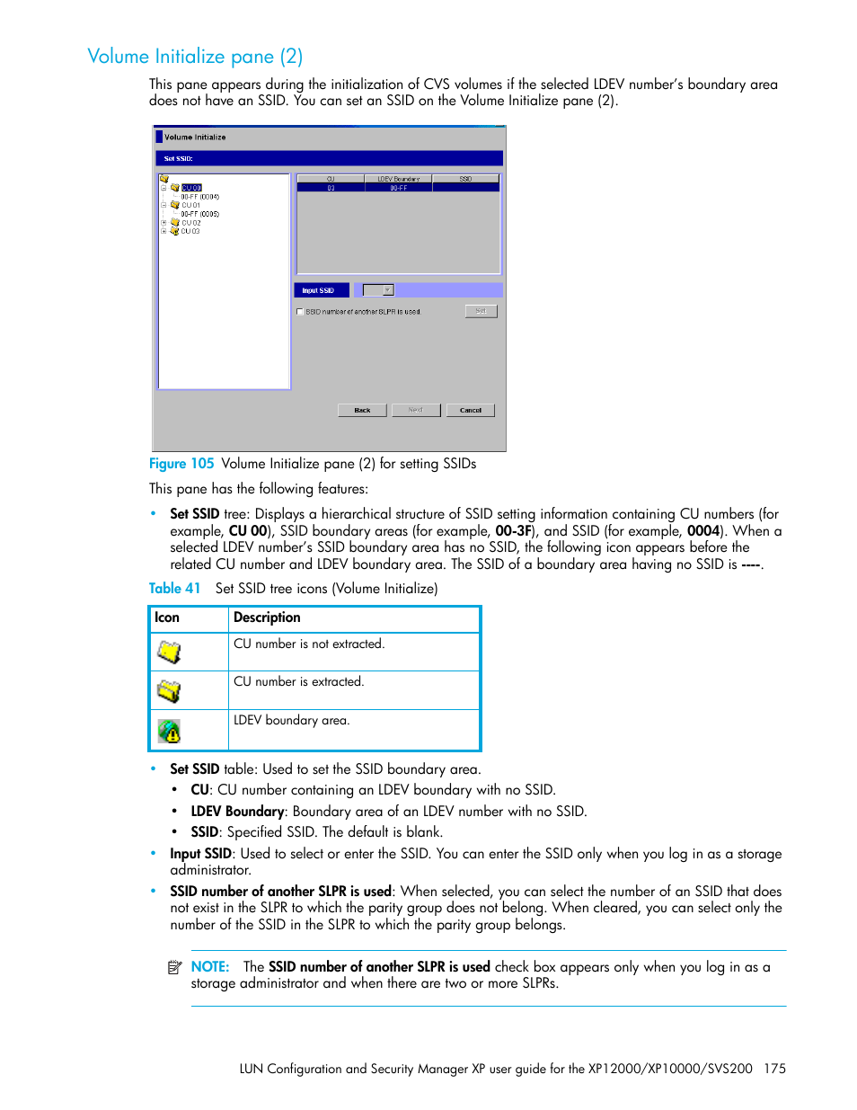Volume initialize pane (2), Table 41 set ssid tree icons (volume initialize), 105 volume initialize pane (2) for setting ssids | 41 set ssid tree icons (volume initialize) | HP StorageWorks XP Remote Web Console Software User Manual | Page 175 / 198