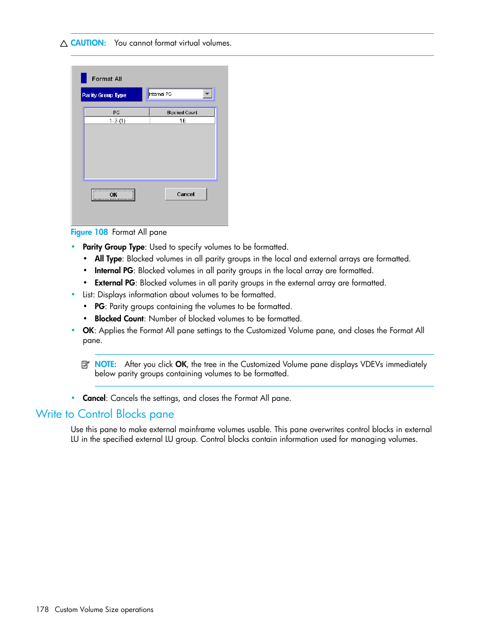 Figure 108 format all pane, Write to control blocks pane, 108 format all pane | HP StorageWorks XP Remote Web Console Software User Manual | Page 178 / 198