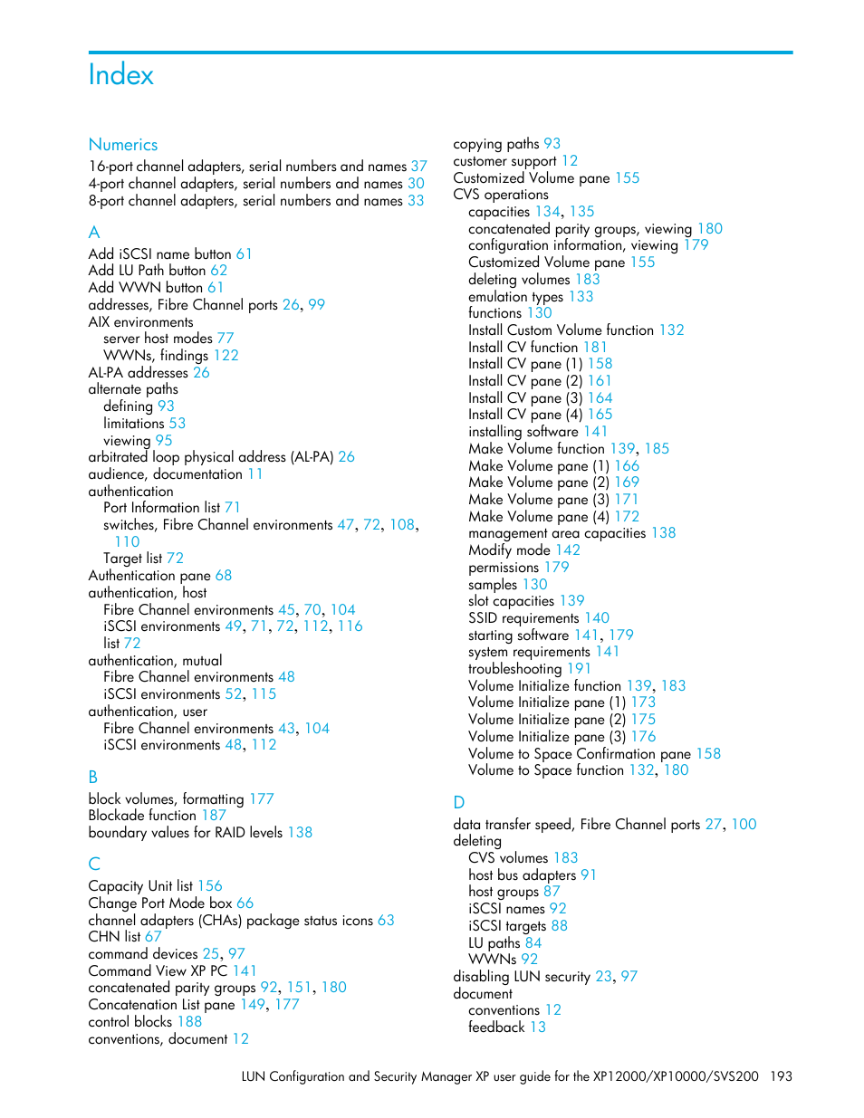 Index, Numerics | HP StorageWorks XP Remote Web Console Software User Manual | Page 193 / 198
