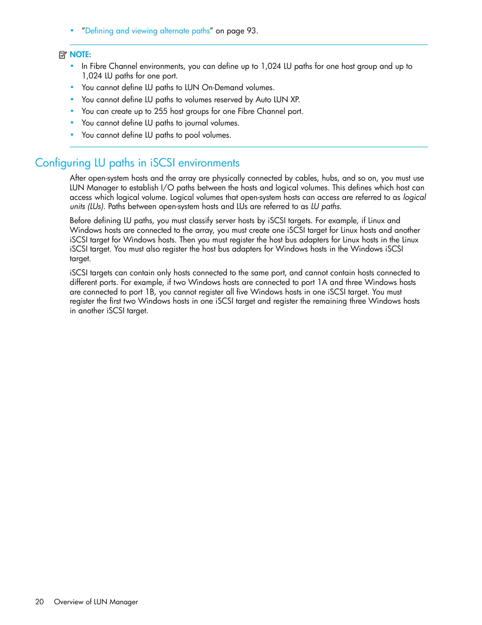 Configuring lu paths in iscsi environments | HP StorageWorks XP Remote Web Console Software User Manual | Page 20 / 198