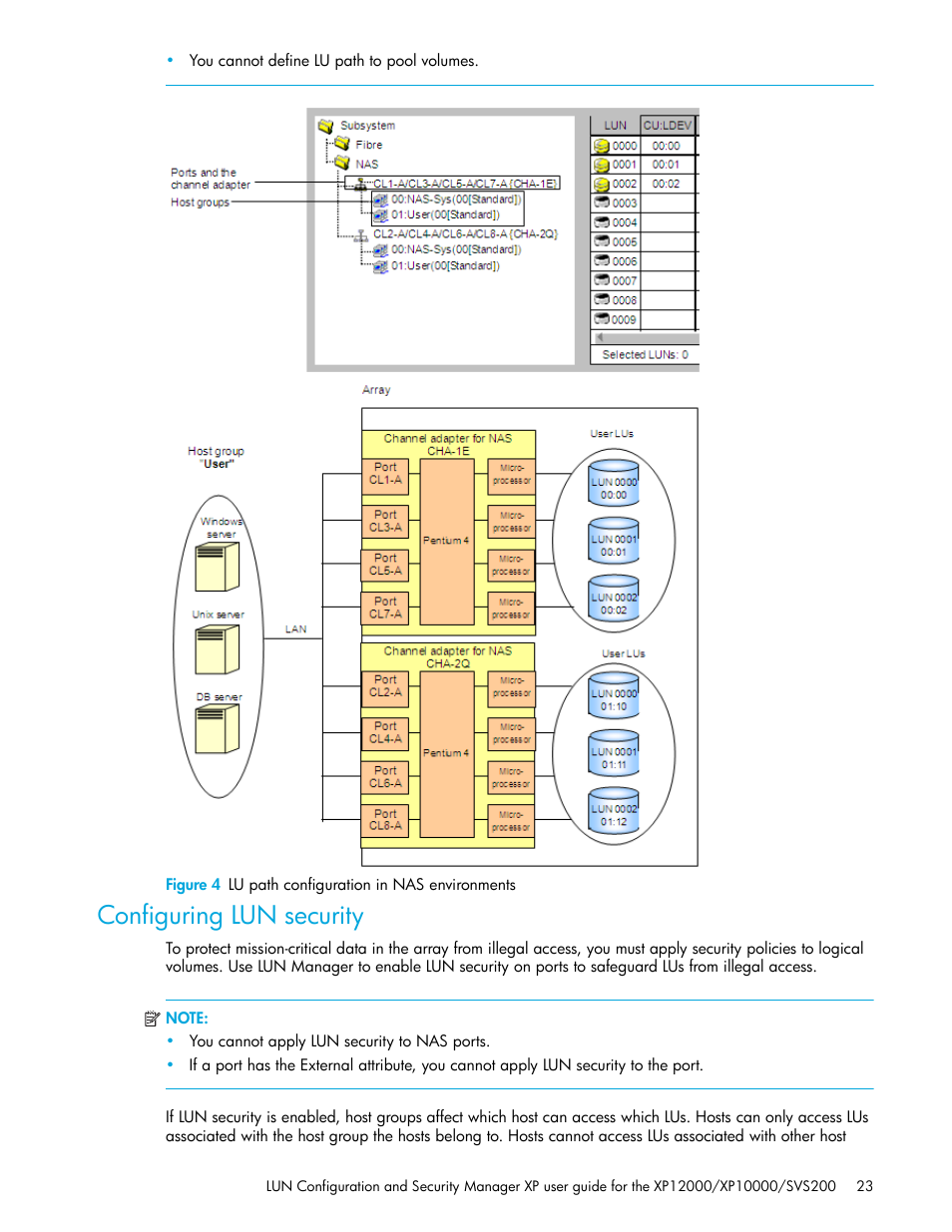 Figure 4 lu path configuration in nas environments, Configuring lun security, 4 lu path configuration in nas environments | Figure 4 | HP StorageWorks XP Remote Web Console Software User Manual | Page 23 / 198