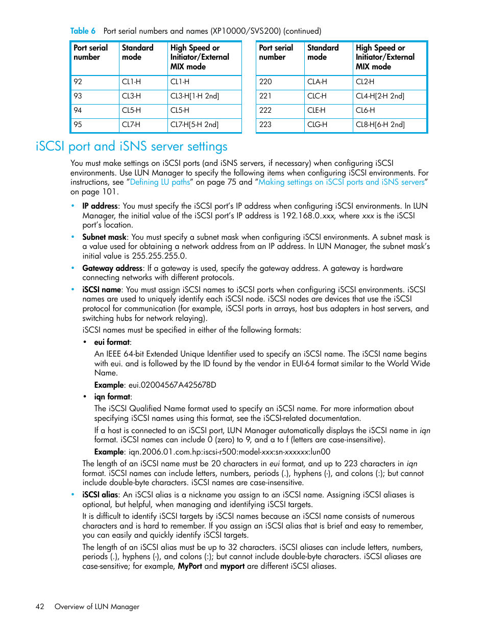 Iscsi port and isns server settings | HP StorageWorks XP Remote Web Console Software User Manual | Page 42 / 198