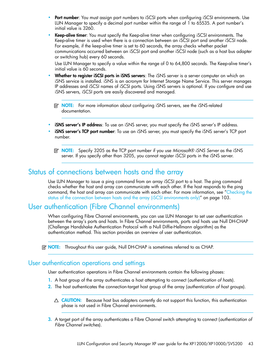 Status of connections between hosts and the array, User authentication (fibre channel environments), User authentication operations and settings | HP StorageWorks XP Remote Web Console Software User Manual | Page 43 / 198