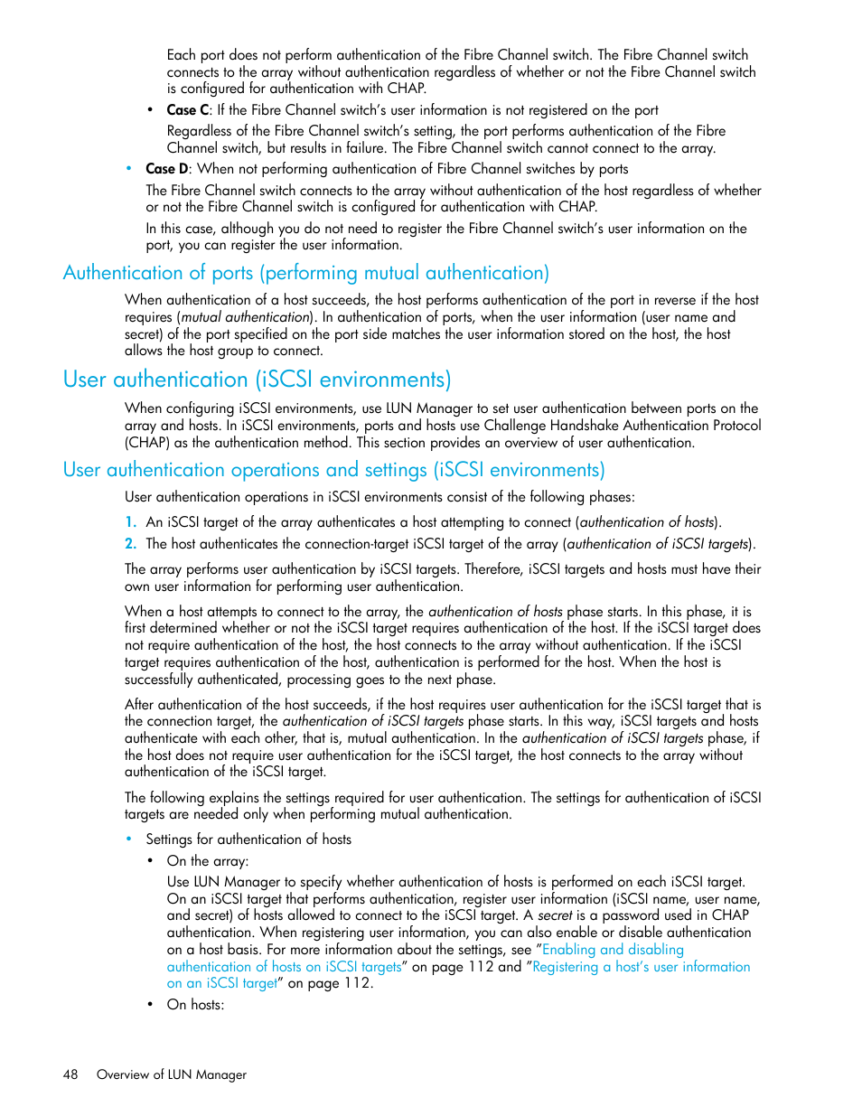 User authentication (iscsi environments) | HP StorageWorks XP Remote Web Console Software User Manual | Page 48 / 198