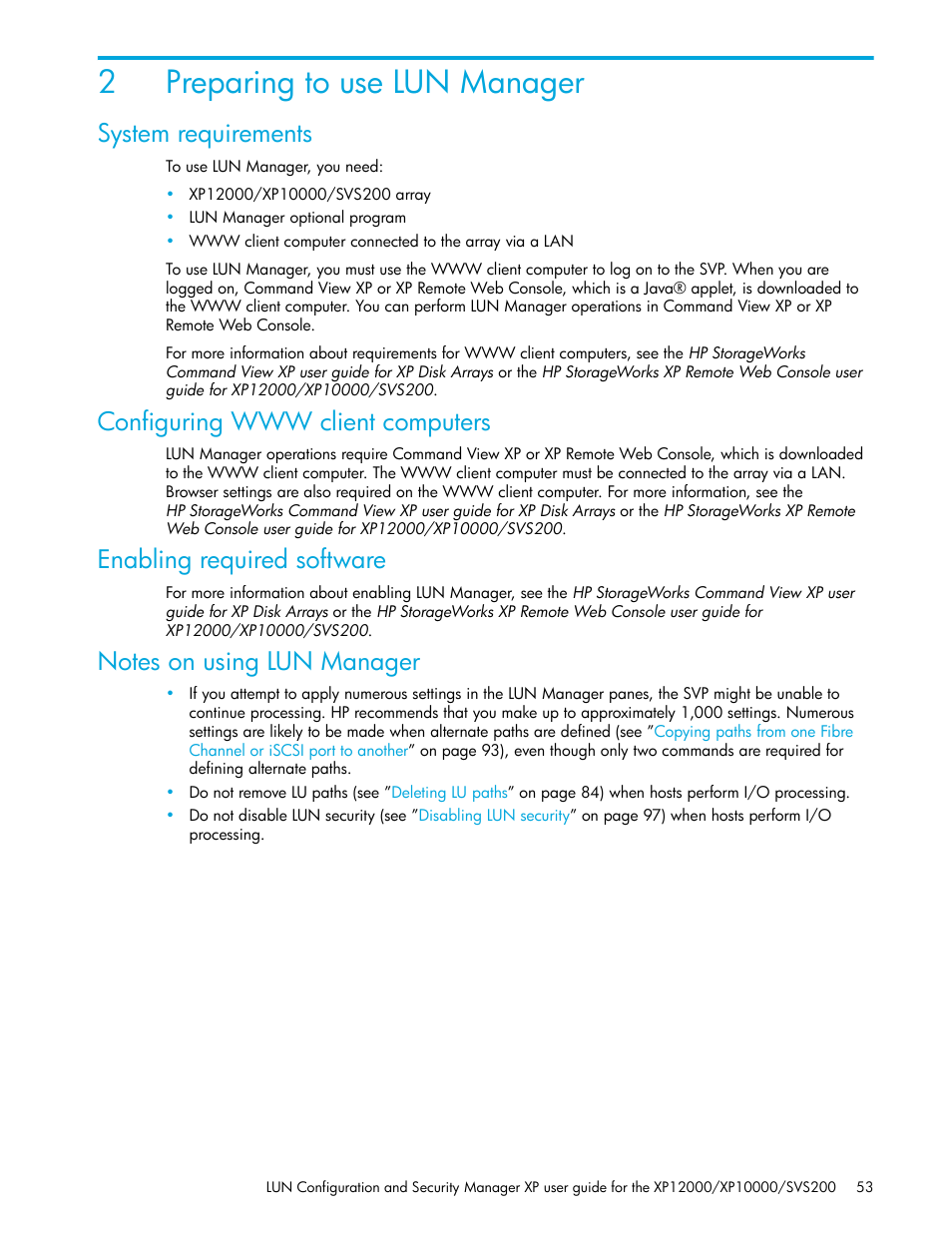 2 preparing to use lun manager, System requirements, Configuring www client computers | Enabling required software, Notes on using lun manager, 2preparing to use lun manager | HP StorageWorks XP Remote Web Console Software User Manual | Page 53 / 198